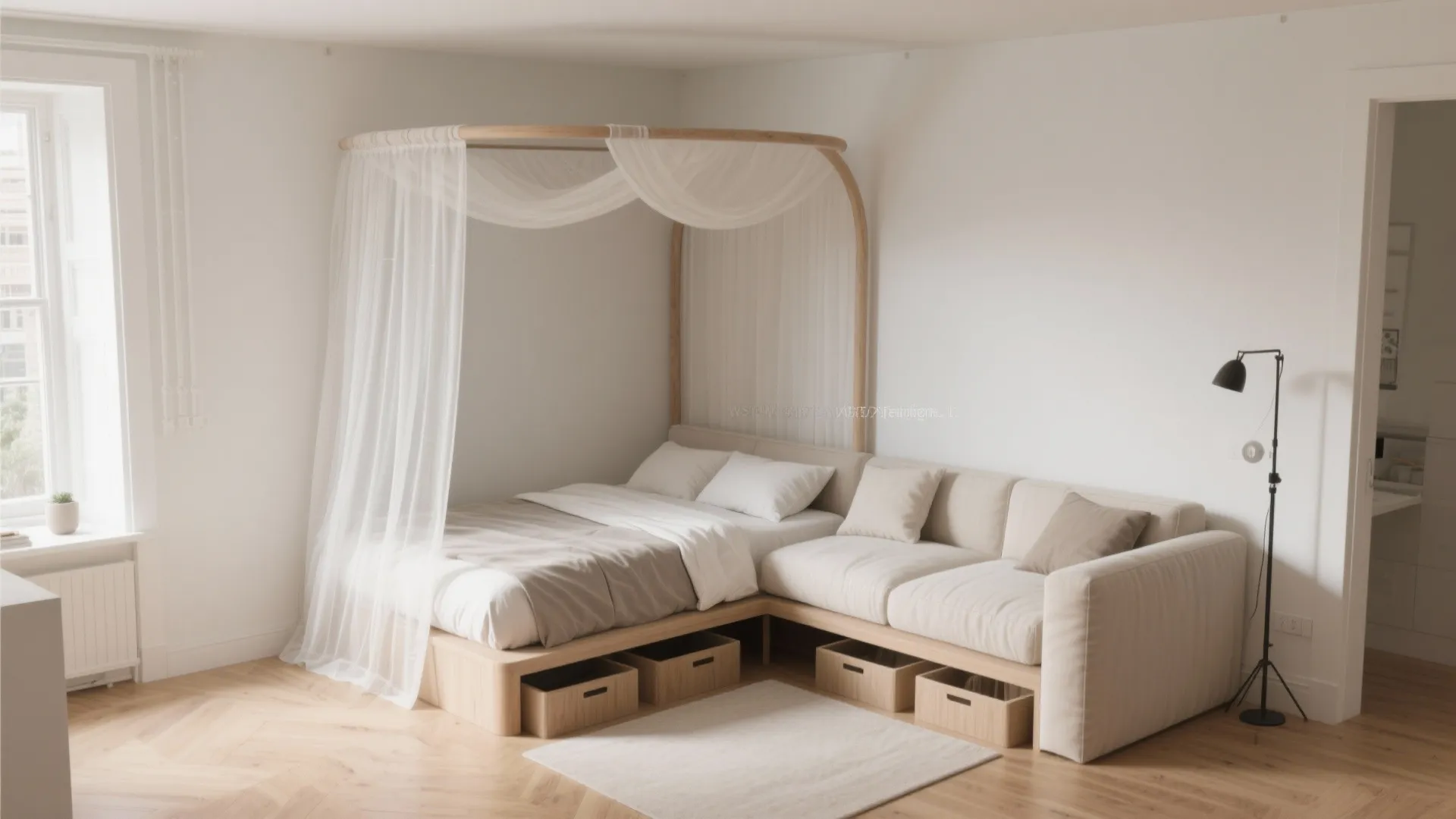 Corner daybed canopy with an L-shaped sheer drape and rounded bar, leaving clear floor space in a tiny studio.