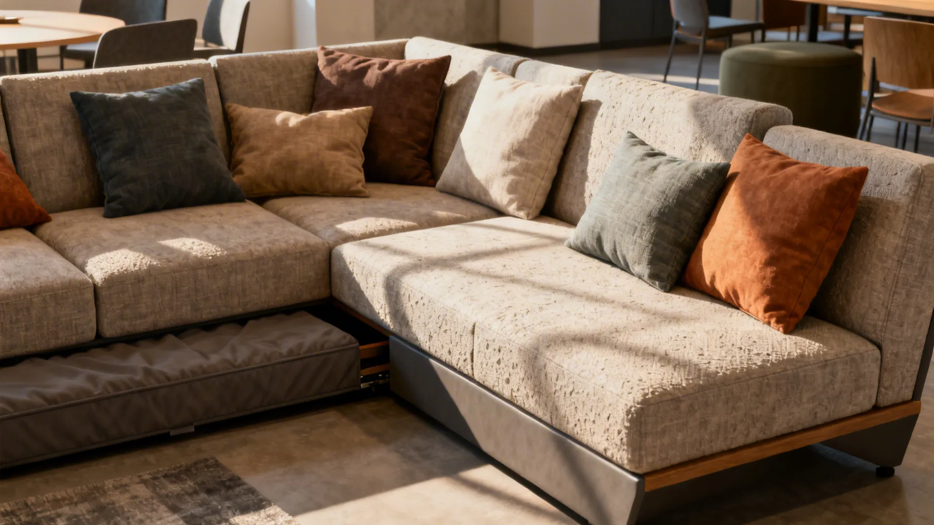 Corner daybed angled slightly with modular cushions and a trundle option in a multipurpose room.