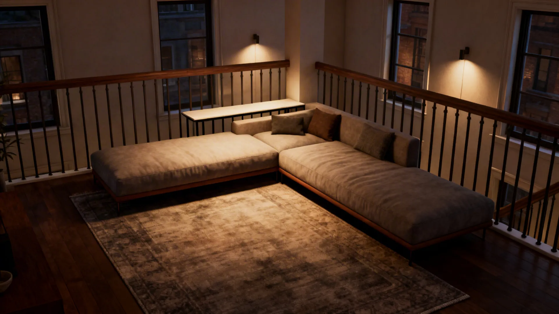 Townhouse corner with an L-shaped daybed, console table behind and layered lighting for a cozy conversation zone.