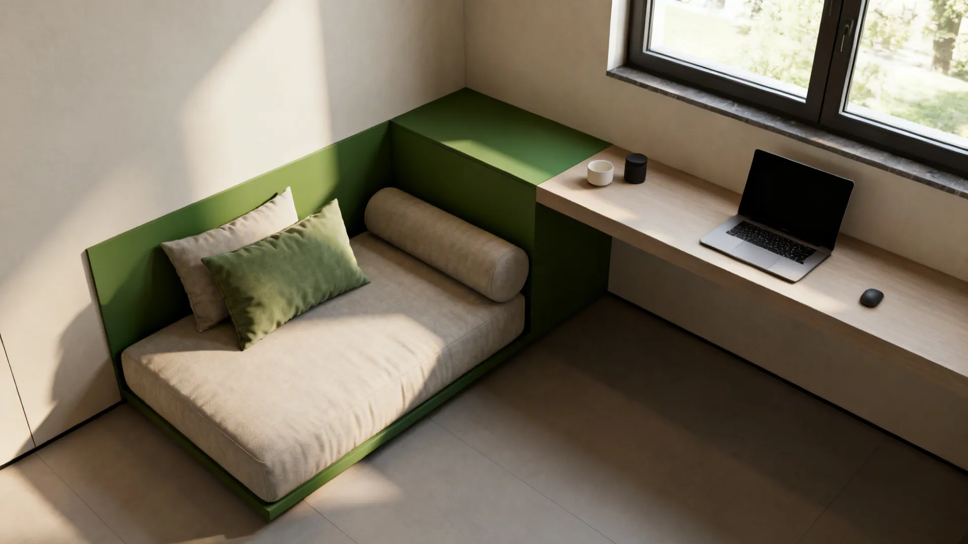 Corner daybed with a narrow floating desk beside a sunny window, optimizing seating and workspace.