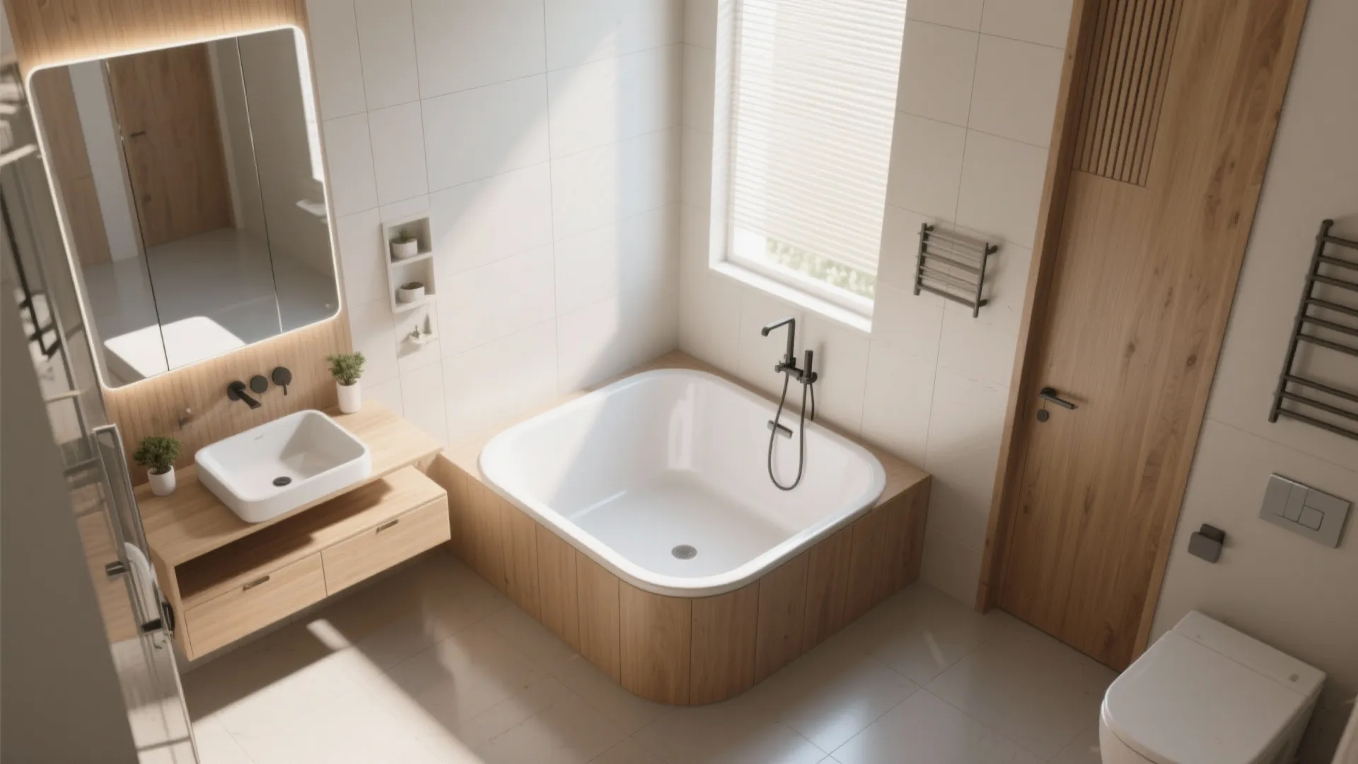 Modern bathroom with square bathtub wood paneling white sink large mirror wooden door and natural light