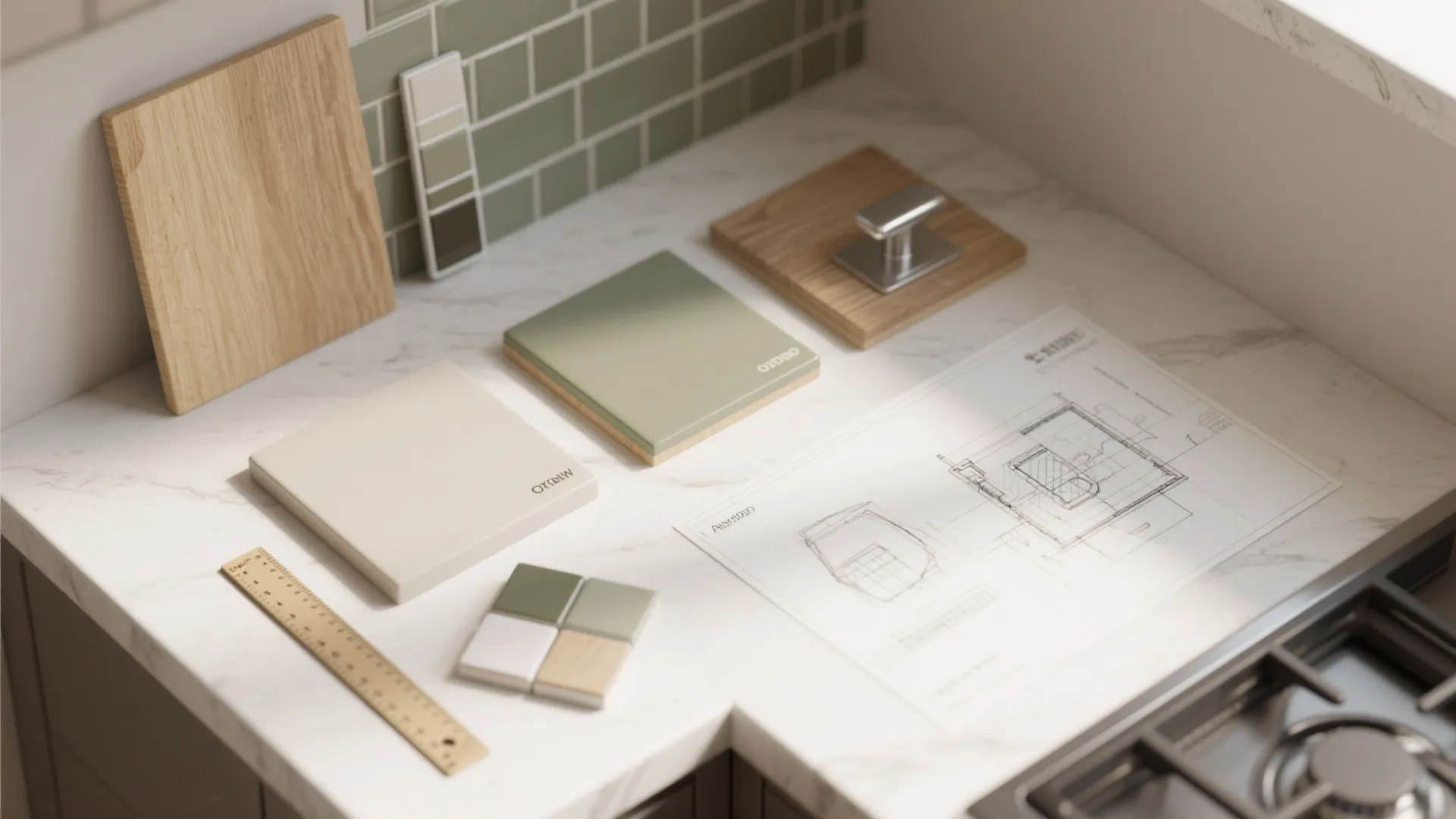 Kitchen countertop with floor plan drawing material samples wood tiles and green color palette guide