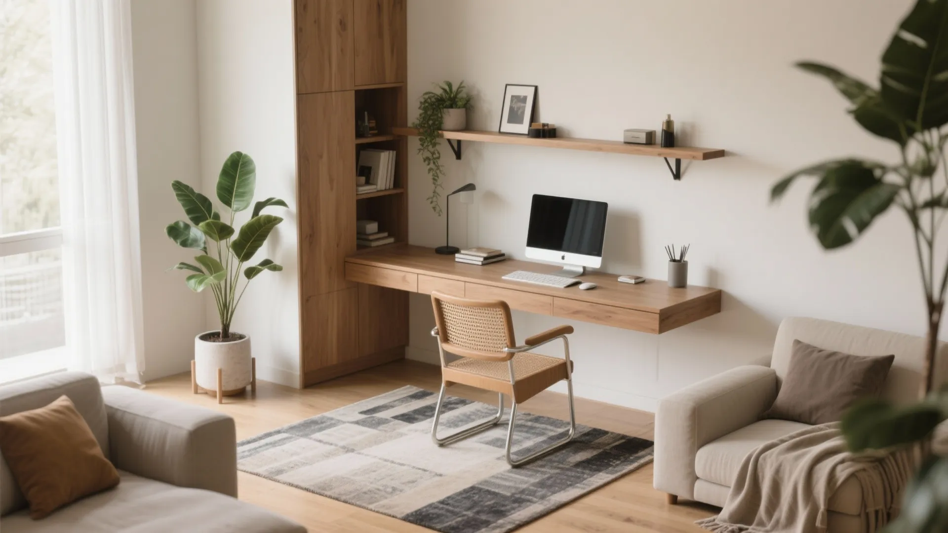 4. Corner Floating Desk + Compact Lounge Chair