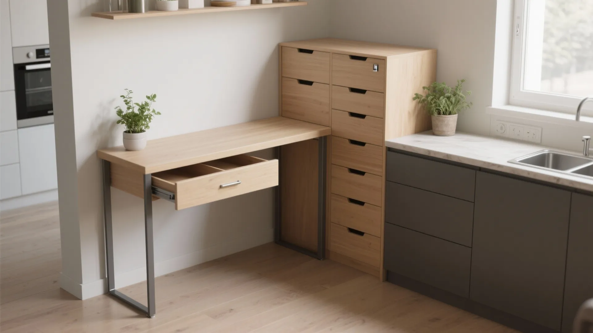Modern wood desk with open drawer standing next to tall storage cabinet in kitchen area