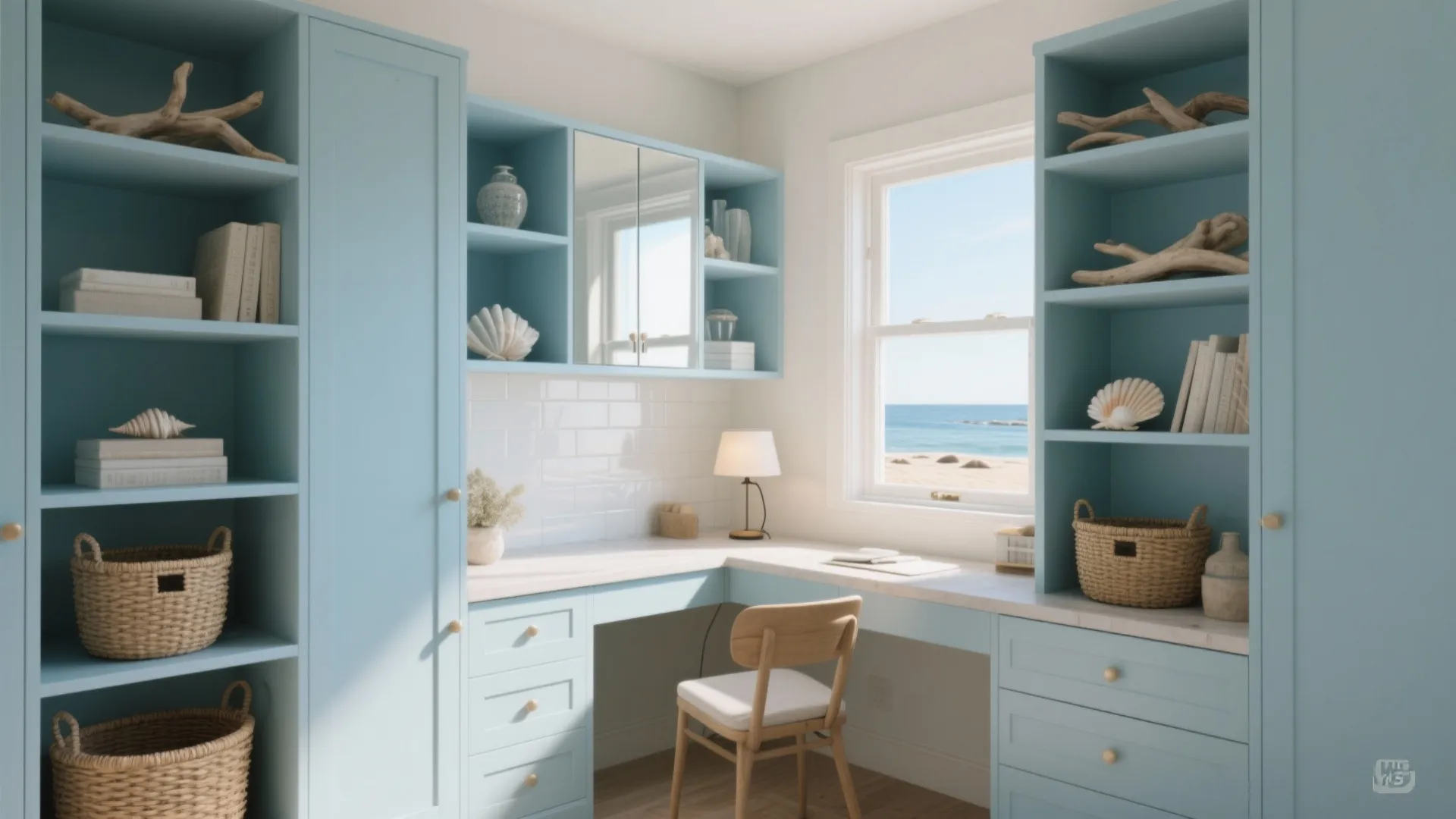 3. Corner coastal desk with built-in shelving