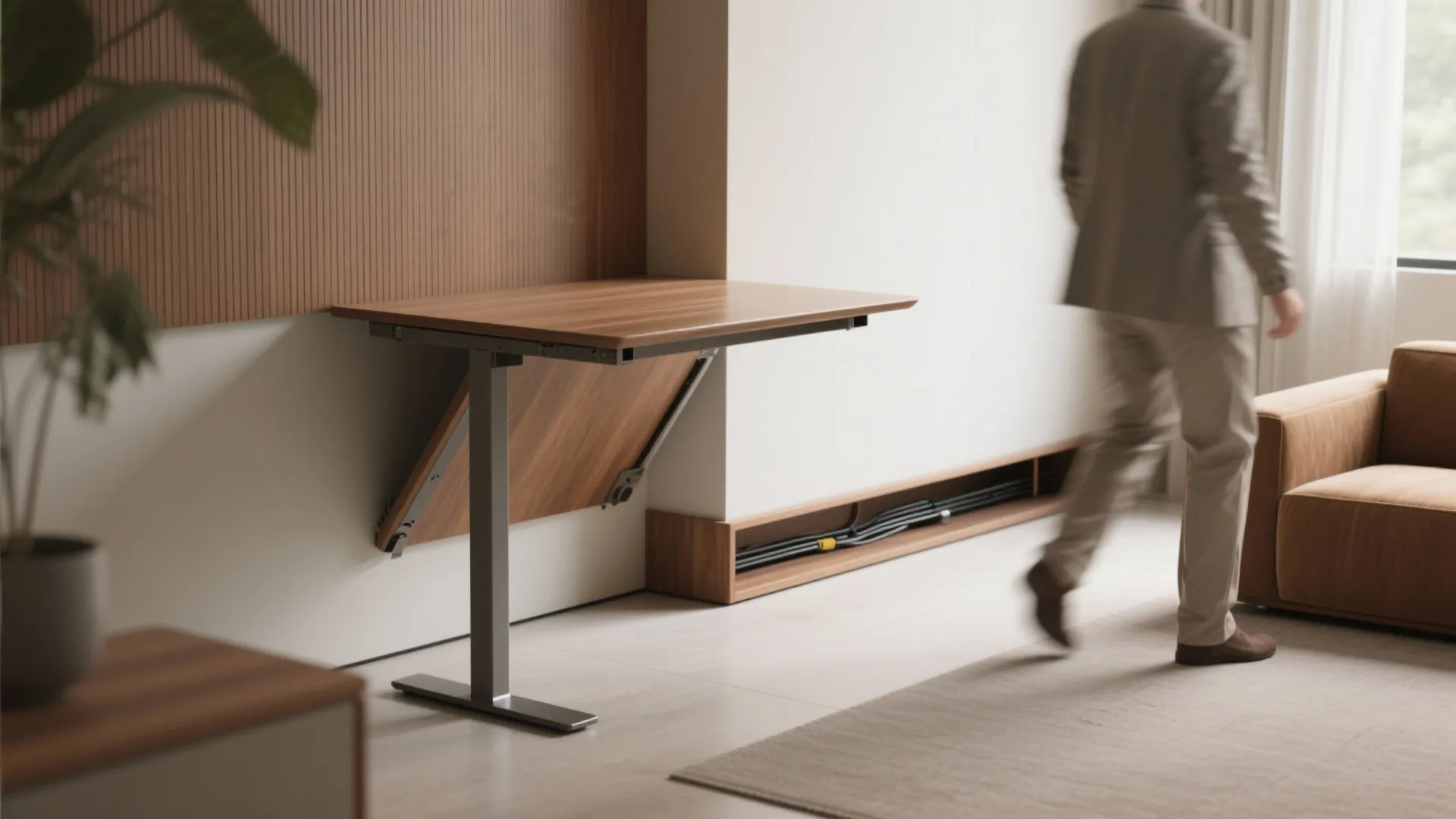 5. Corner floating desk with fold‑down leg and cable trough