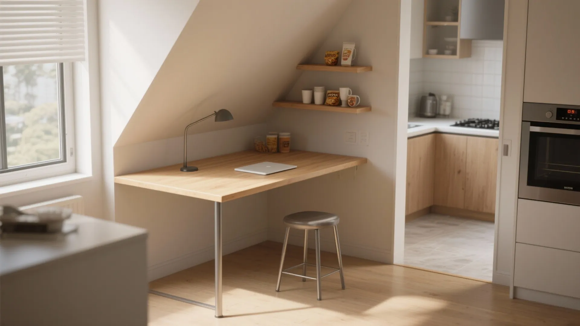 Small home office nook under sloped ceiling with wooden desk stool laptop and open kitchen view