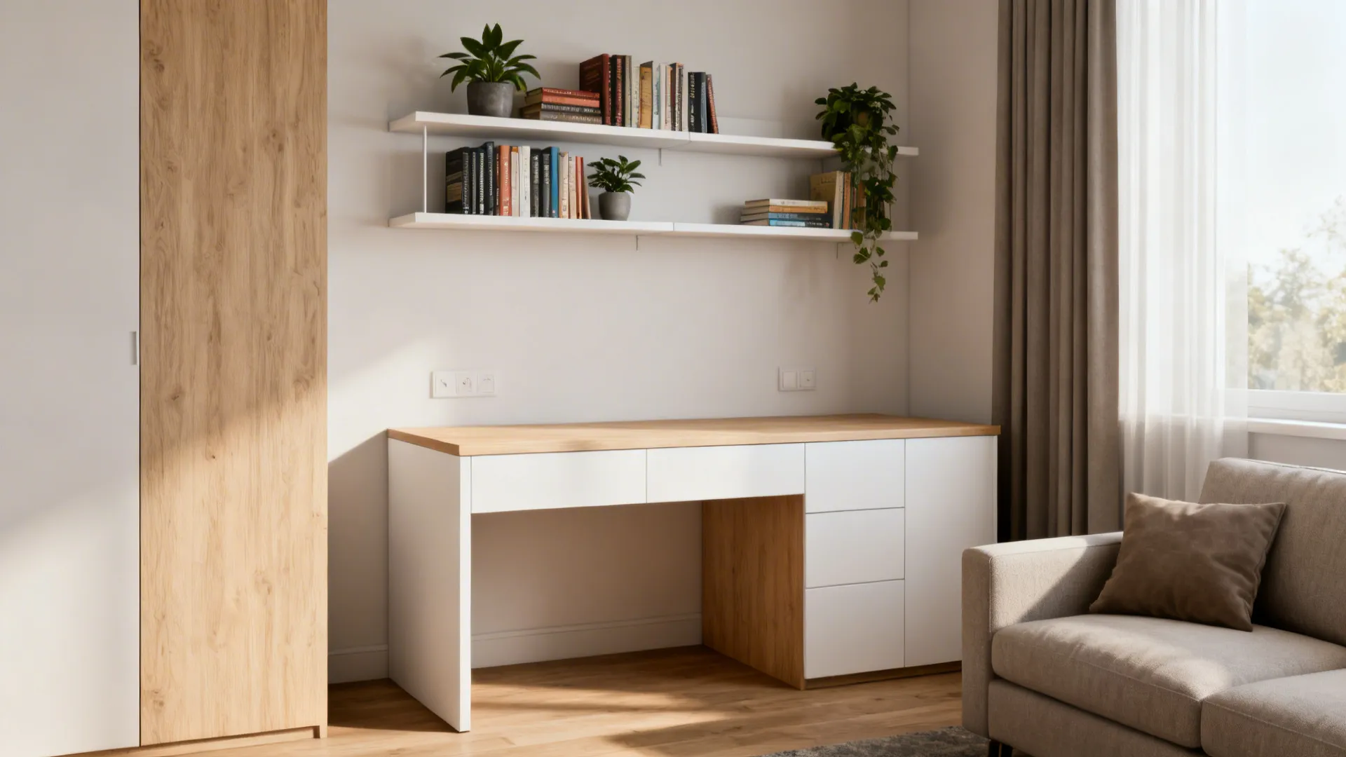 3. Corner desk with floating shelves
