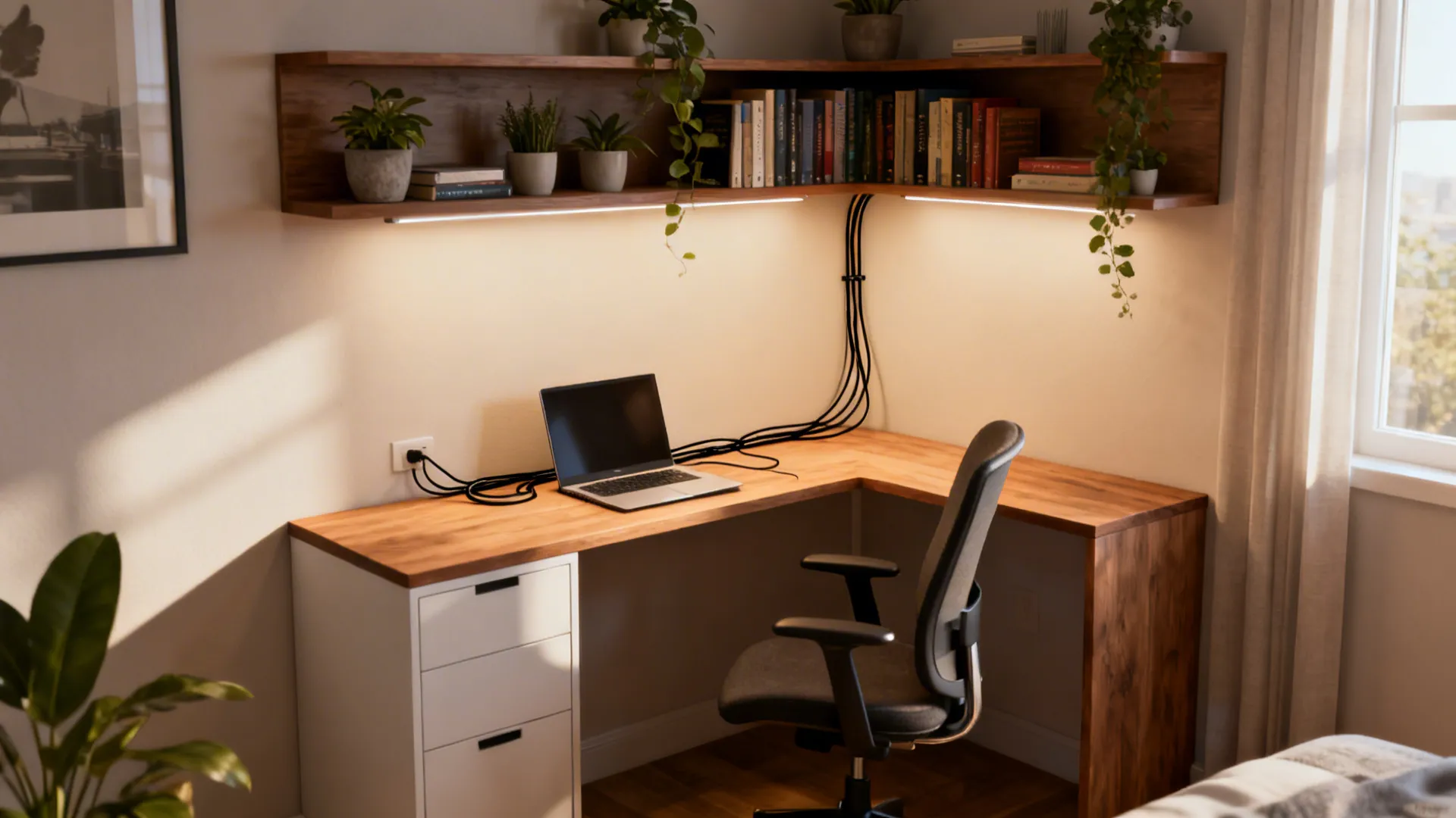 Small corner desk with shelving above creating a compact home workspace
