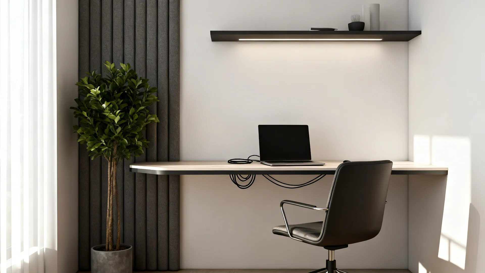 Compact corner desk with floating surface, laptop and a tall plant creating a small home office