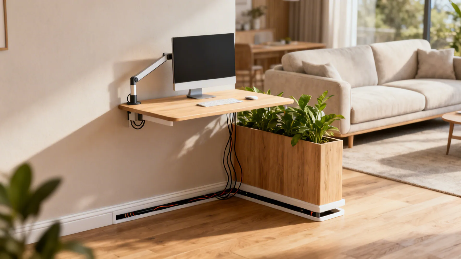 Compact corner desk with monitor arm and hidden cable routing in a living room corner.