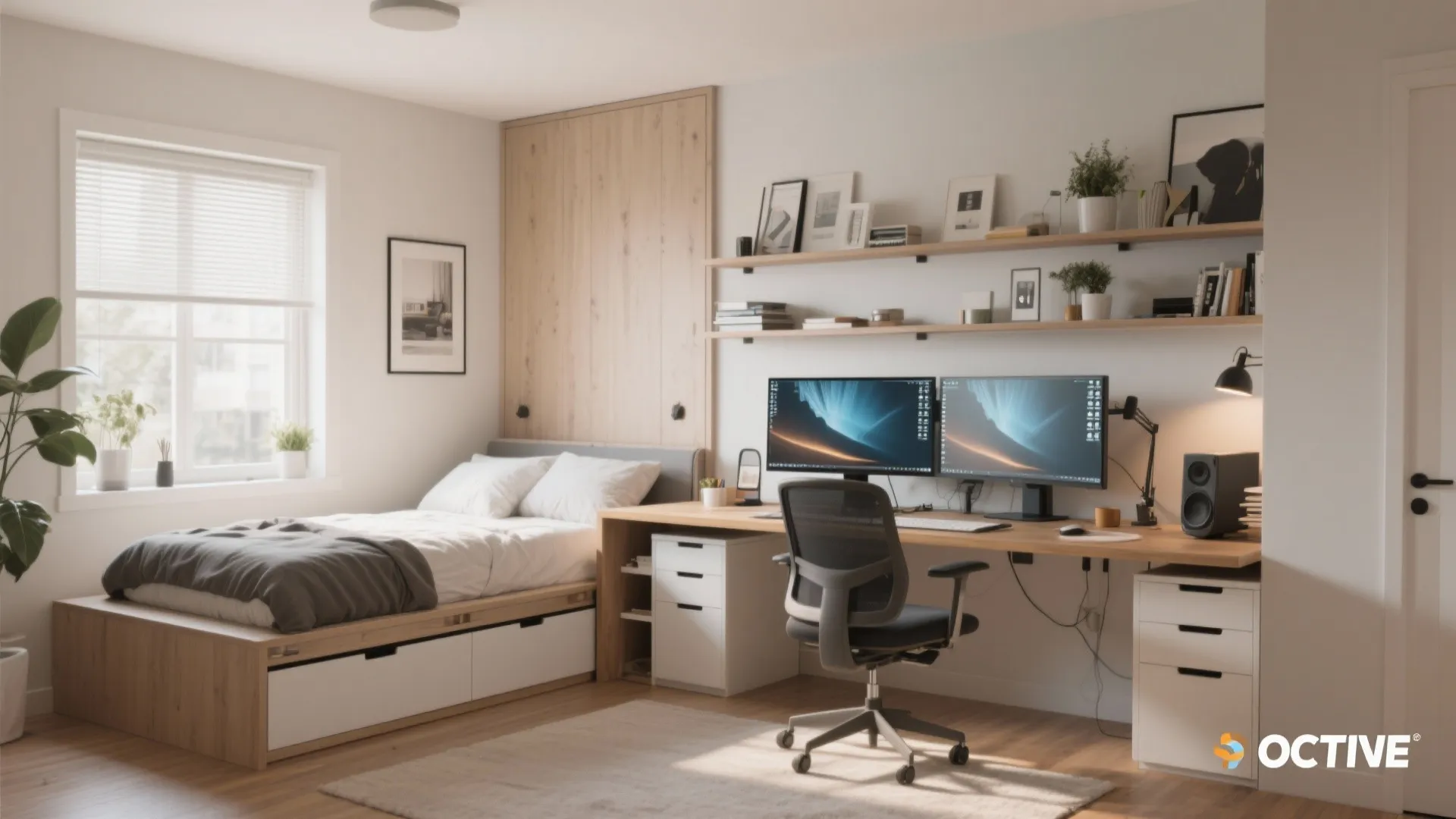 Minimalist bedroom with a corner wooden desk holding dual monitors next to a single bed
