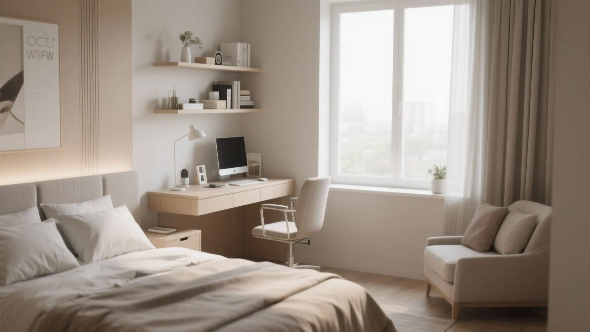 Modern bedroom featuring a wooden corner desk with computer chair next to a large window