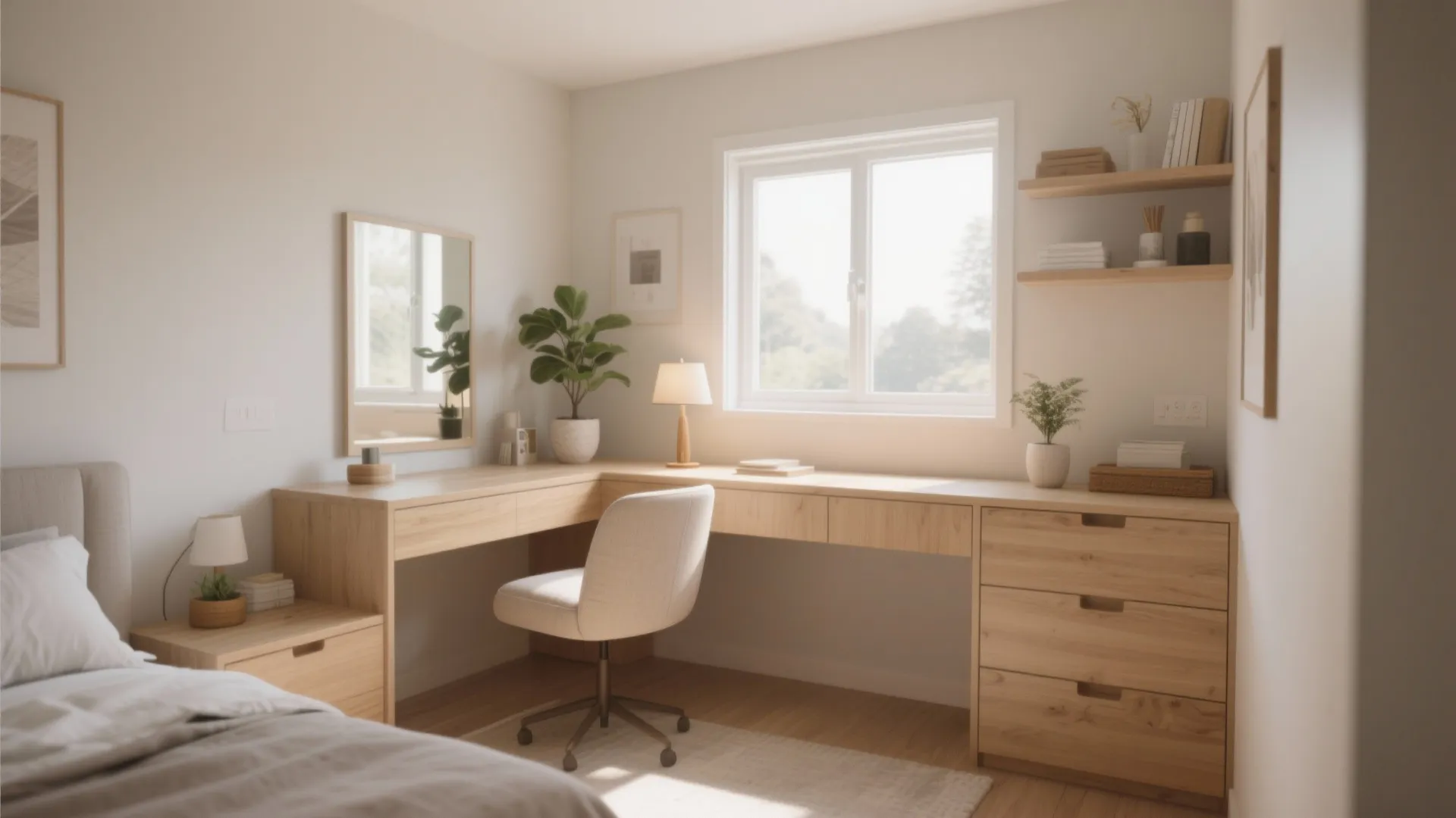 L-shaped wooden desk in a bright bedroom featuring a white chair and many storage drawers