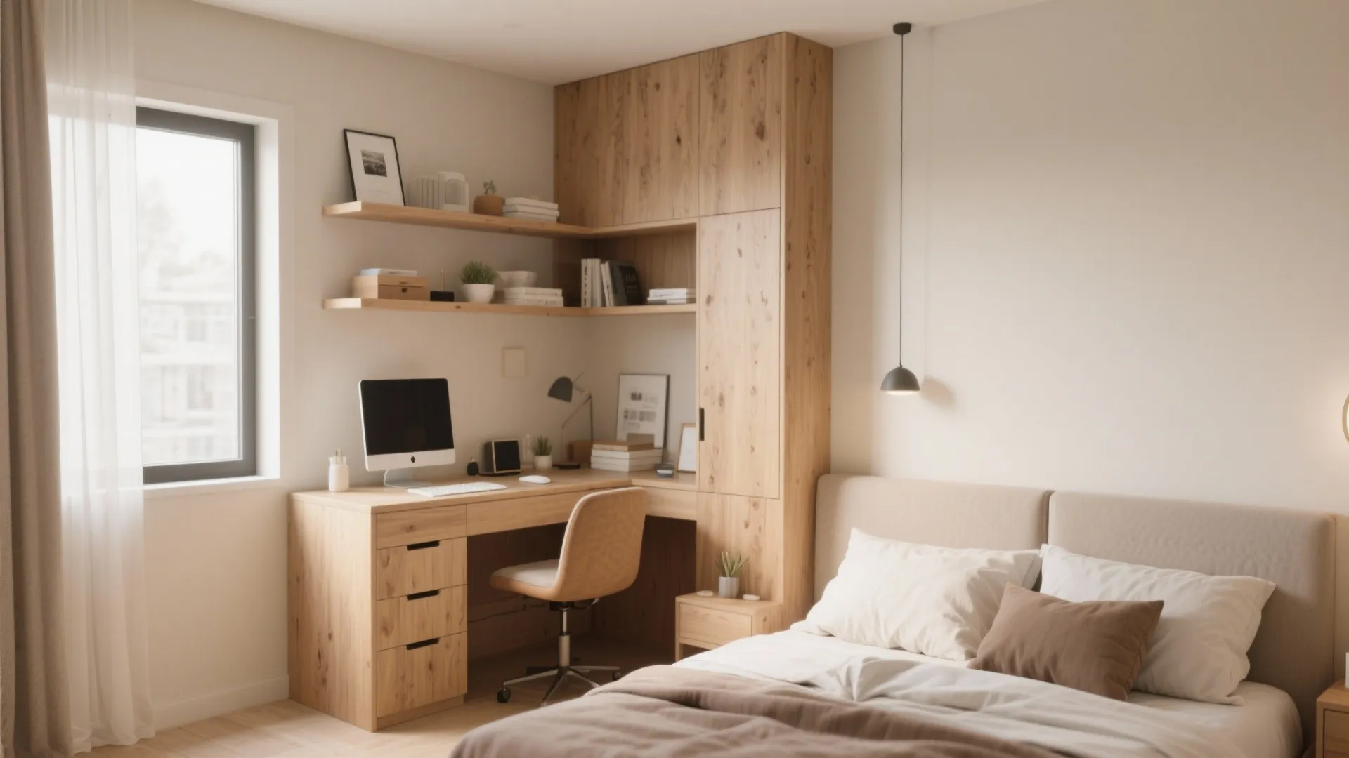 Small bedroom corner with a wooden desk and floating shelves