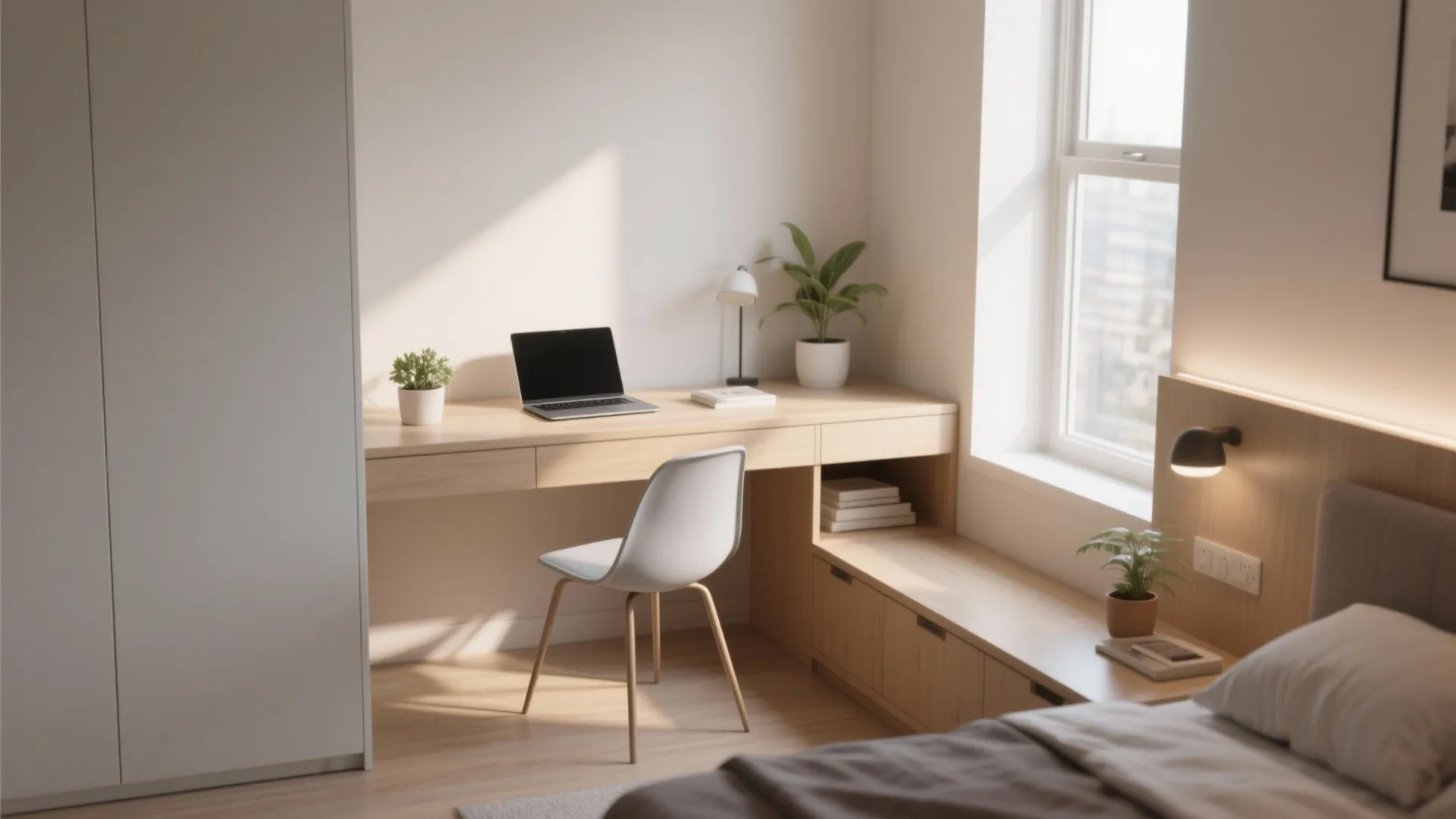 Bedroom workspace featuring a wooden corner desk with a laptop white chair and green plants