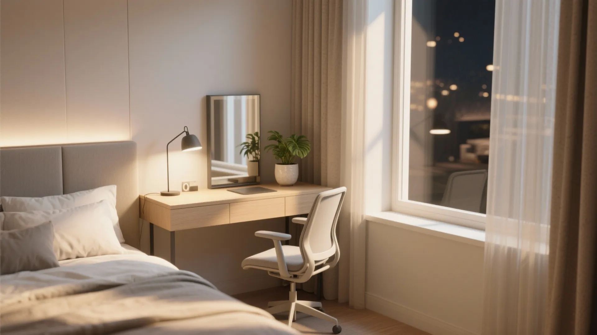 Modern bedroom corner showing wooden desk with table lamp white office chair and a window