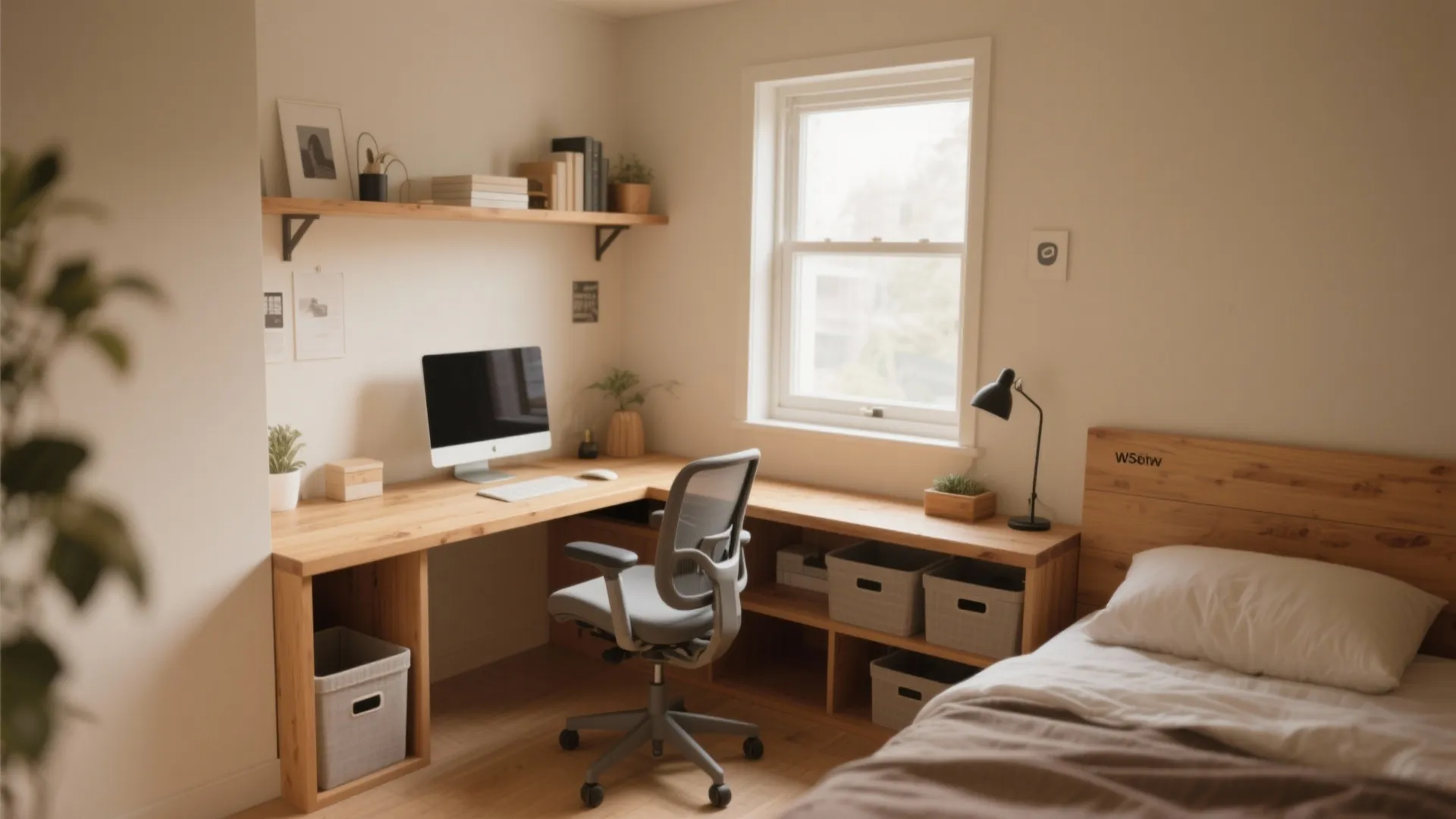 Wooden corner desk with a computer and office chair placed next to a bright window