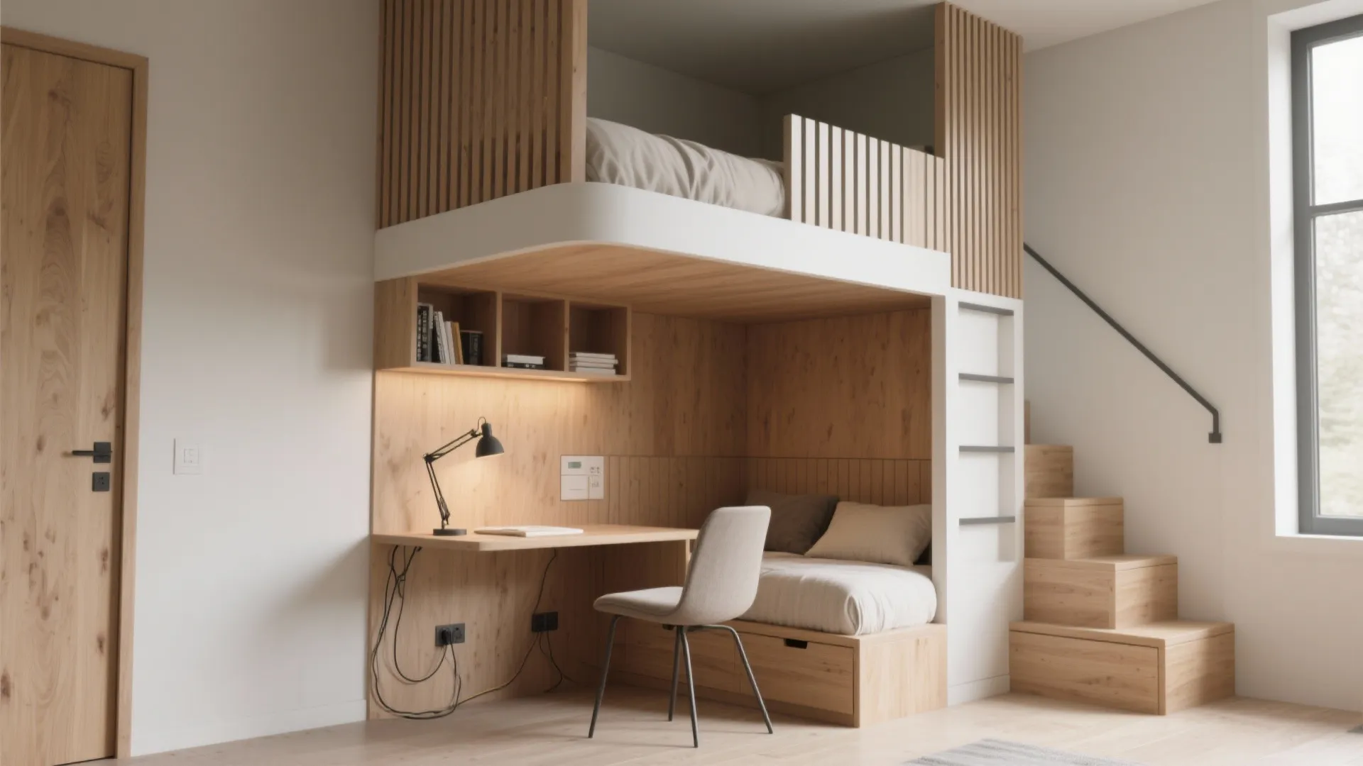 Modern wood bunk bed featuring a corner desk and integrated storage stairs in a bright room