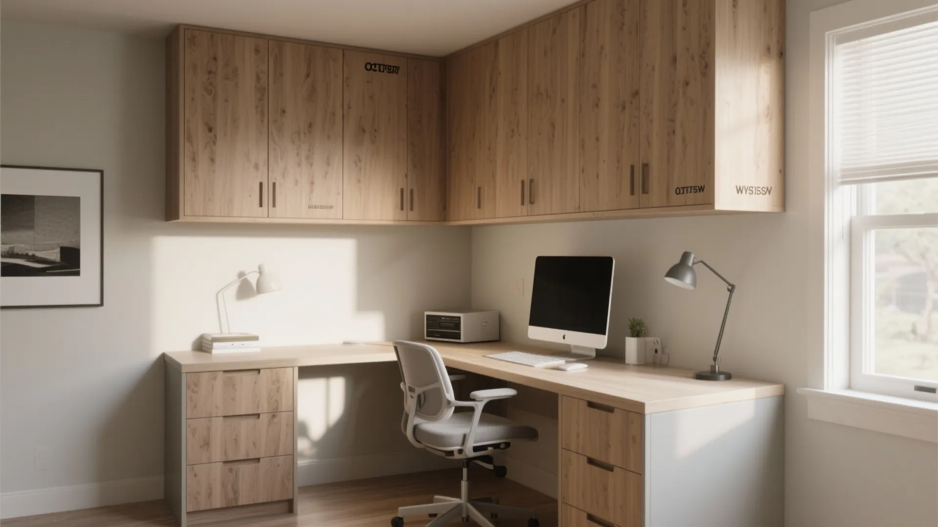 10. Compact Corner Desk with Overhead Cabinets