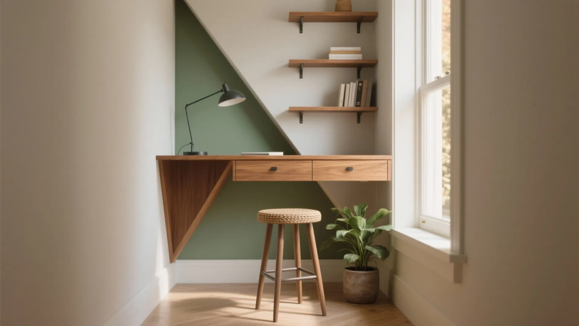 Corner workspace with wooden desk green wall panel shelving unit desk lamp and a wooden stool