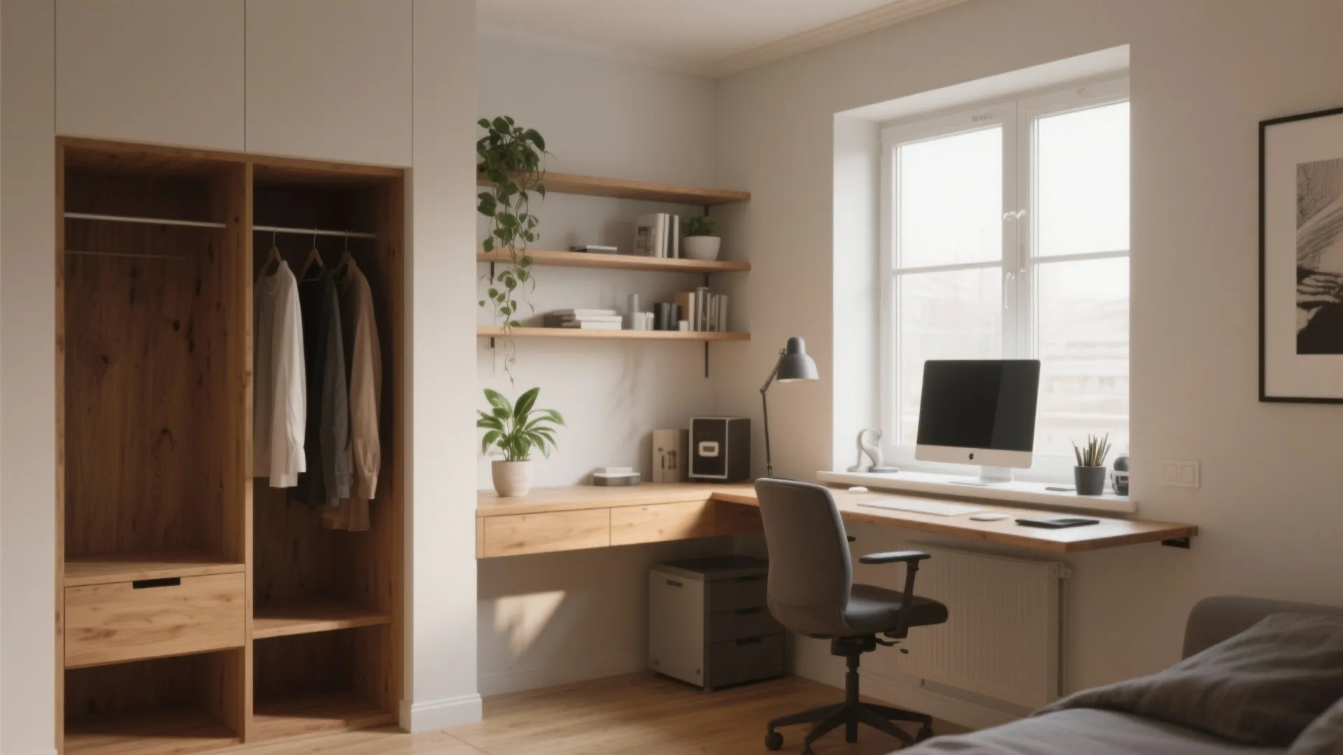 Modern home office with corner wooden desk chair wall shelves wardrobe window and natural light