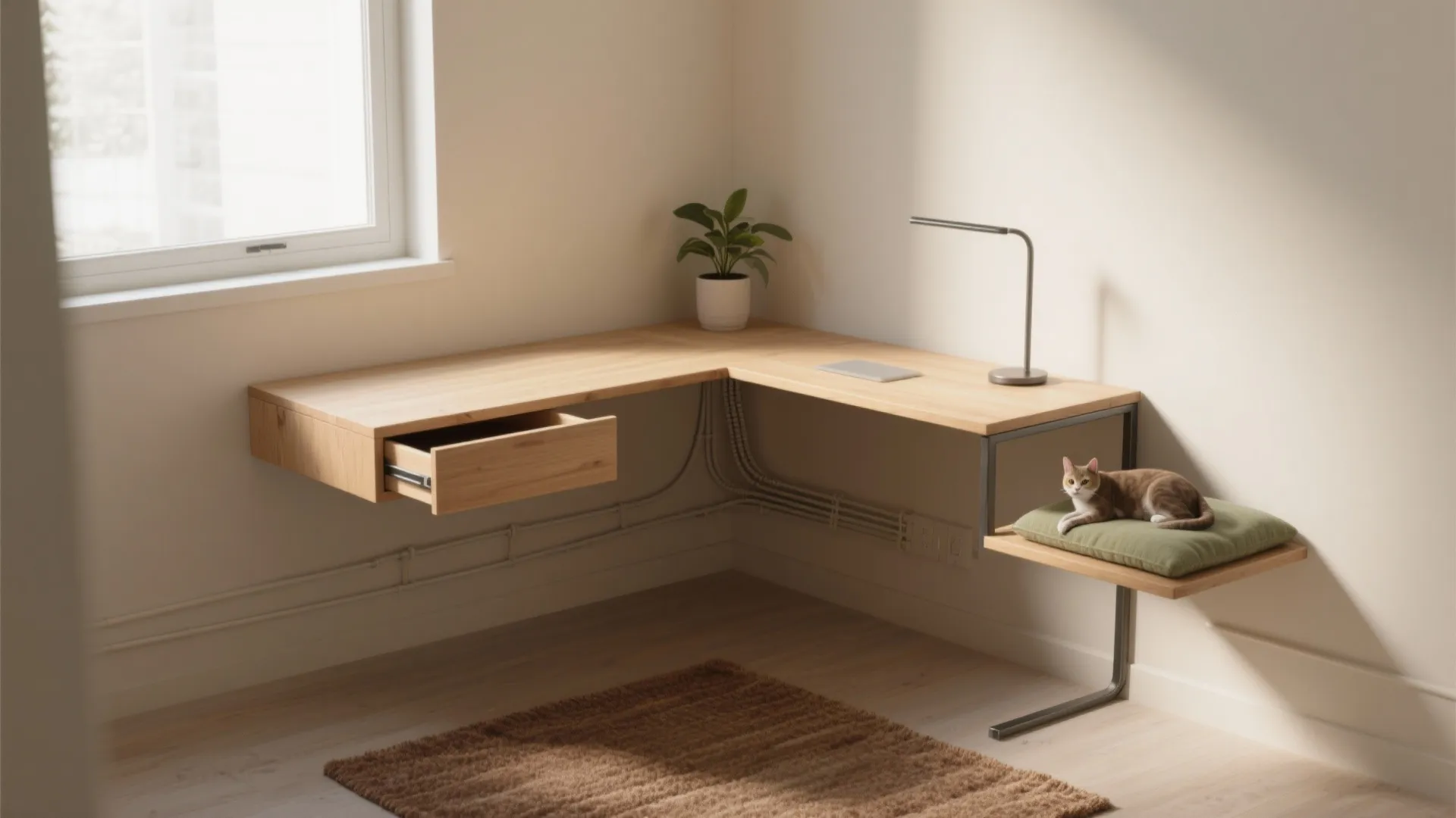 Minimalist corner wooden desk with open drawer table lamp cat on cushion and large window