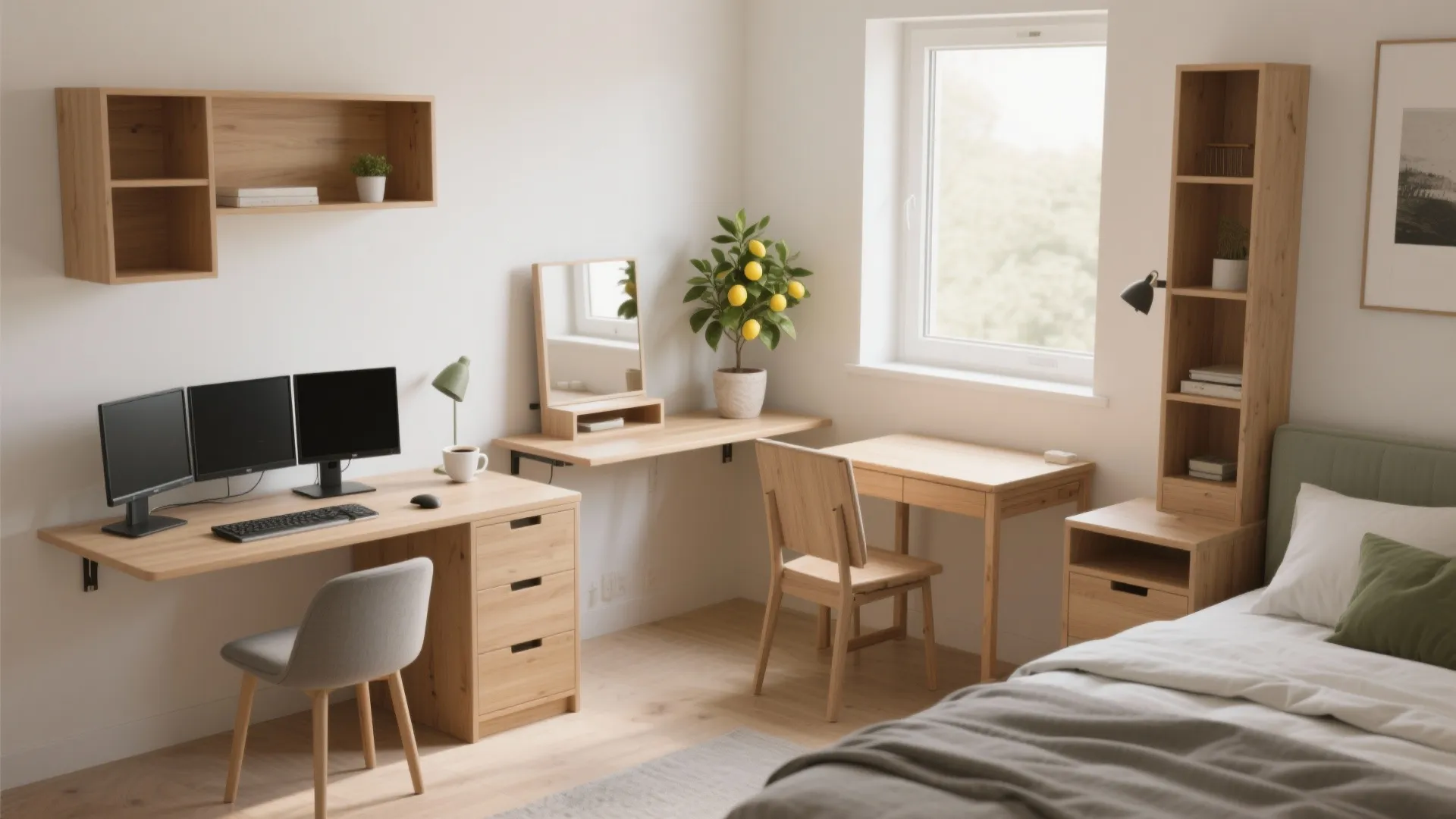 Light wood home office corner setup with three computer monitors and wooden shelves in bedroom