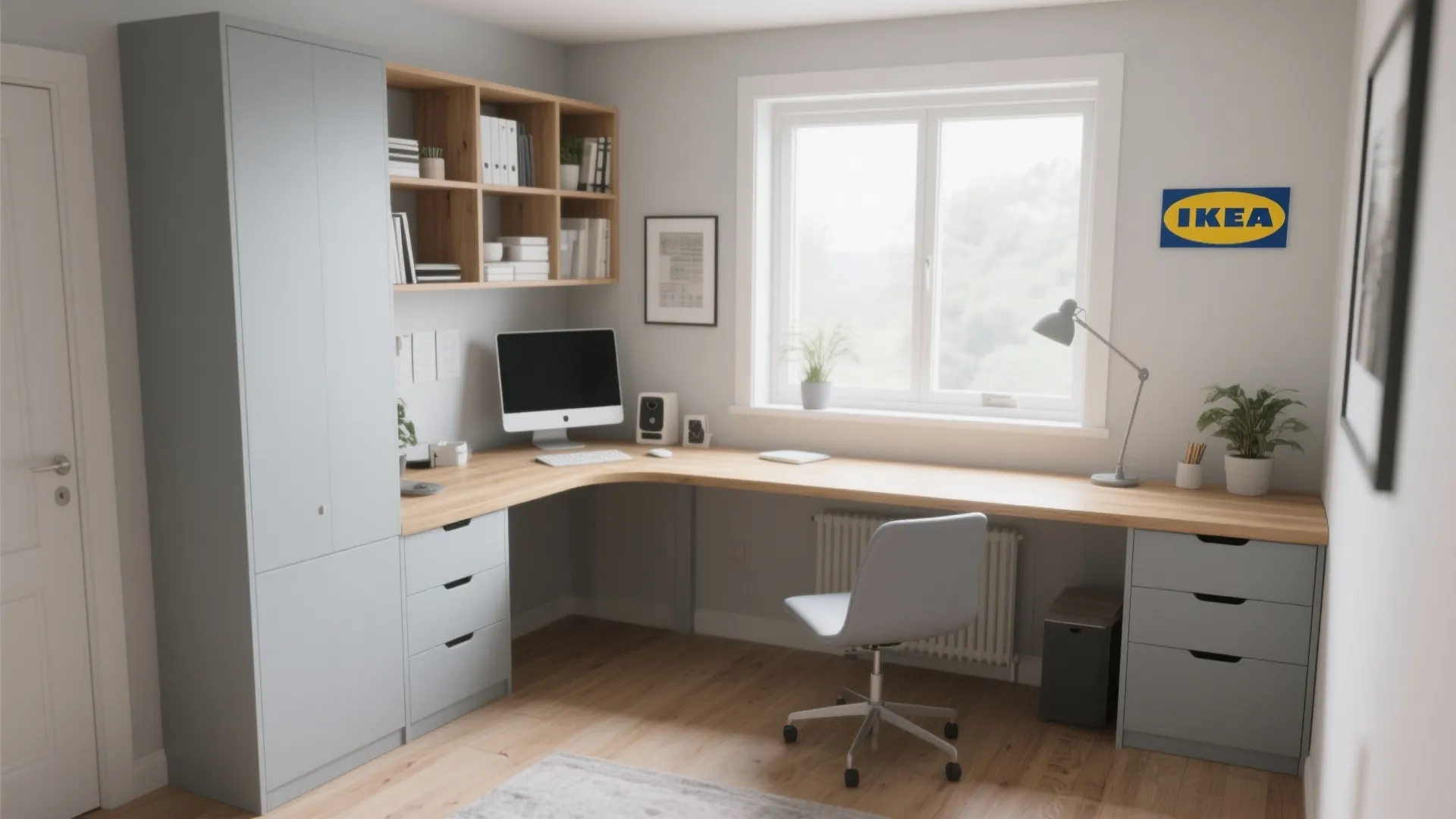 Compact IKEA-style corner desk in light grey and maple wood