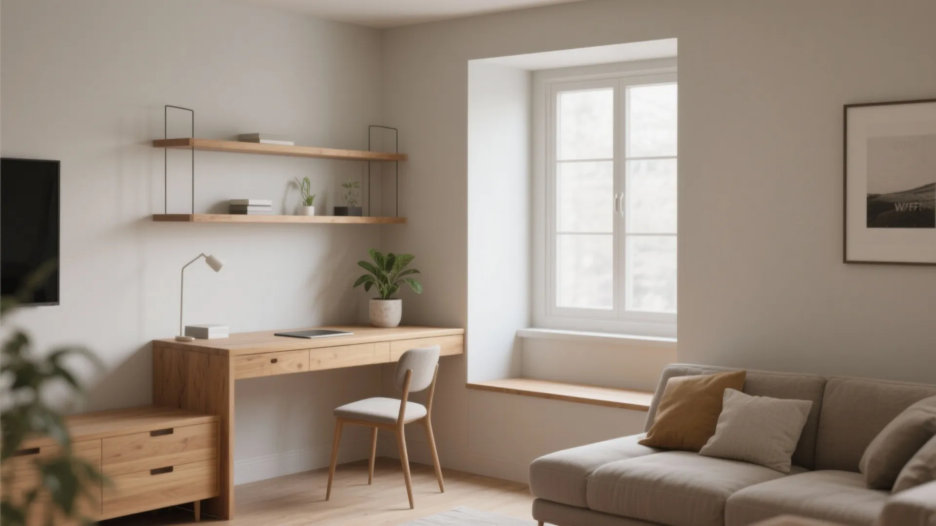 Minimalist home office corner with wooden desk, wall shelves, grey chair, window, and cozy sofa