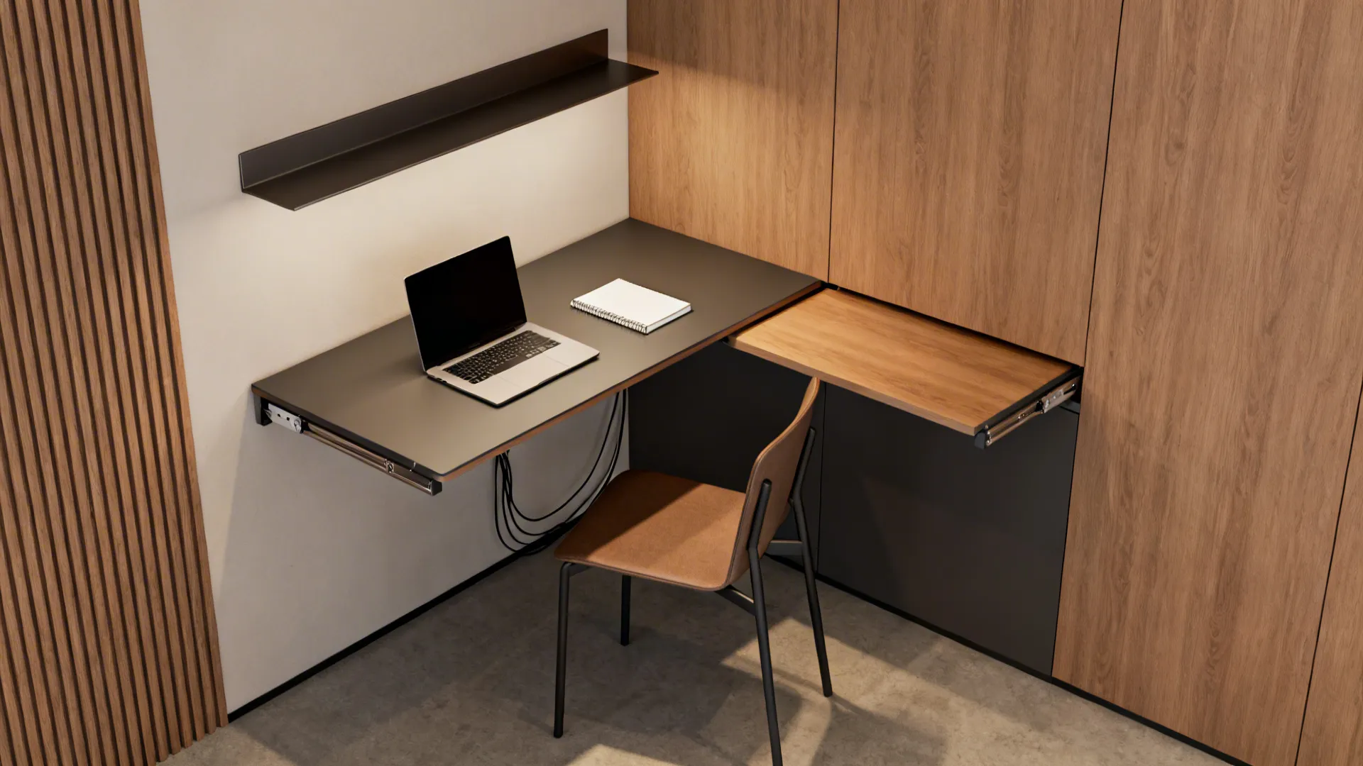 Compact corner desk with fold-down top and tucked chair, showing efficient footprint and cable management