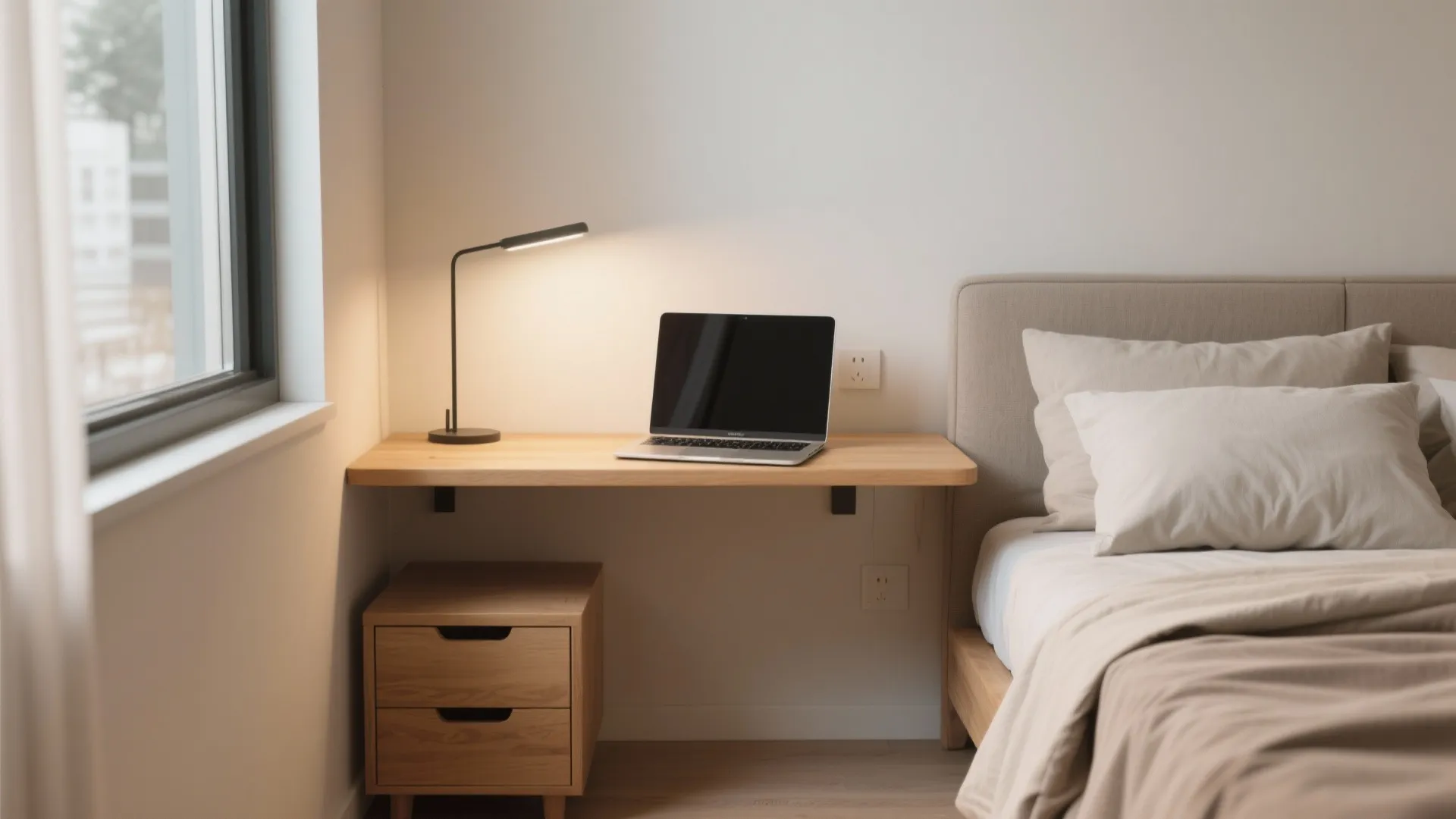 Minimalist bedroom featuring a wooden floating desk with black laptop and small bedside table cabinet
