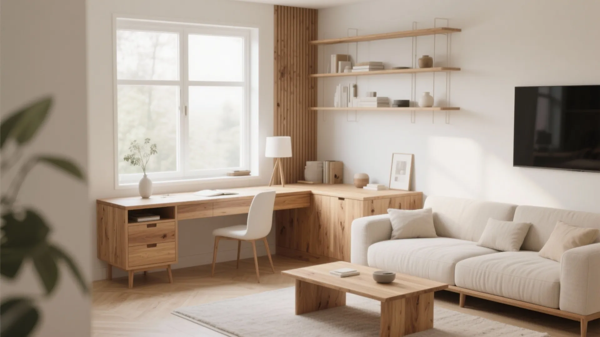 Cozy living room with corner wooden desk white sofa coffee table and minimalist wall shelves
