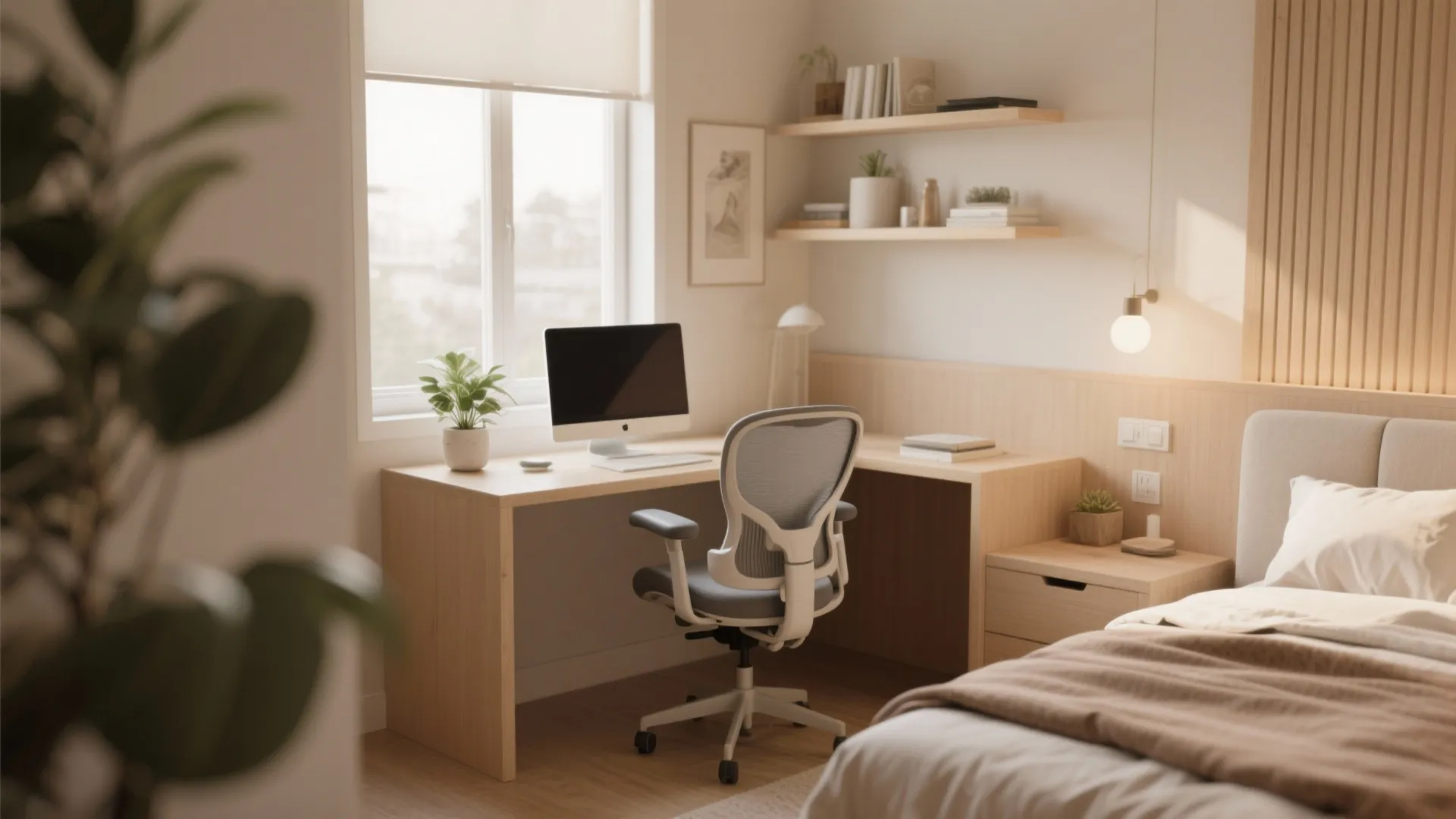 Cozy bedroom work area with a light wood corner desk office chair and wall shelves