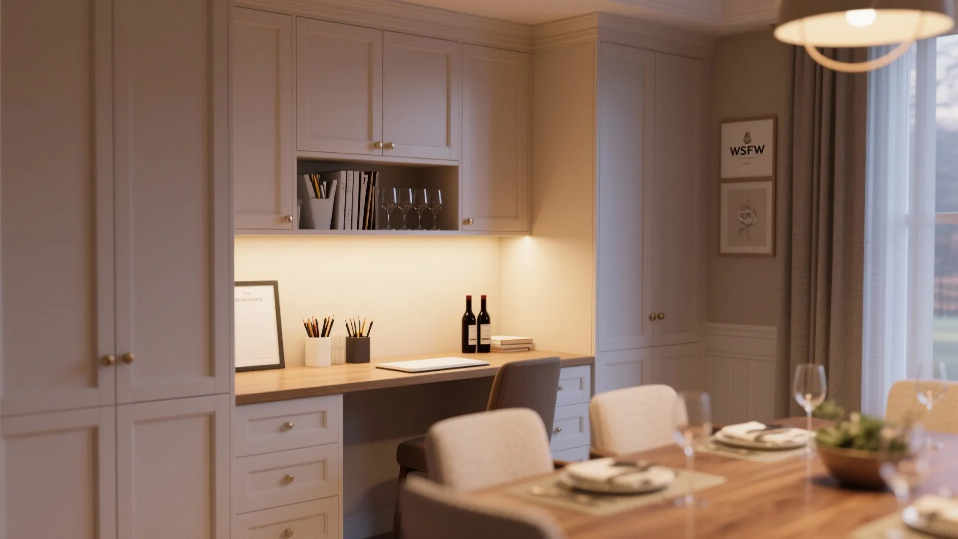 Corner desk nook integrated into dining room