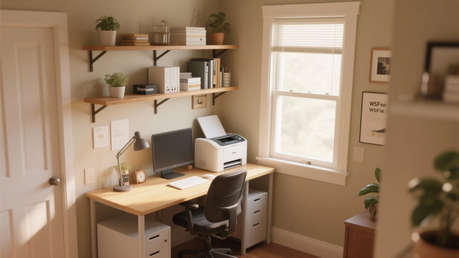Home office corner with wooden desk, computer, printer, wall shelves, chair, and bright window light