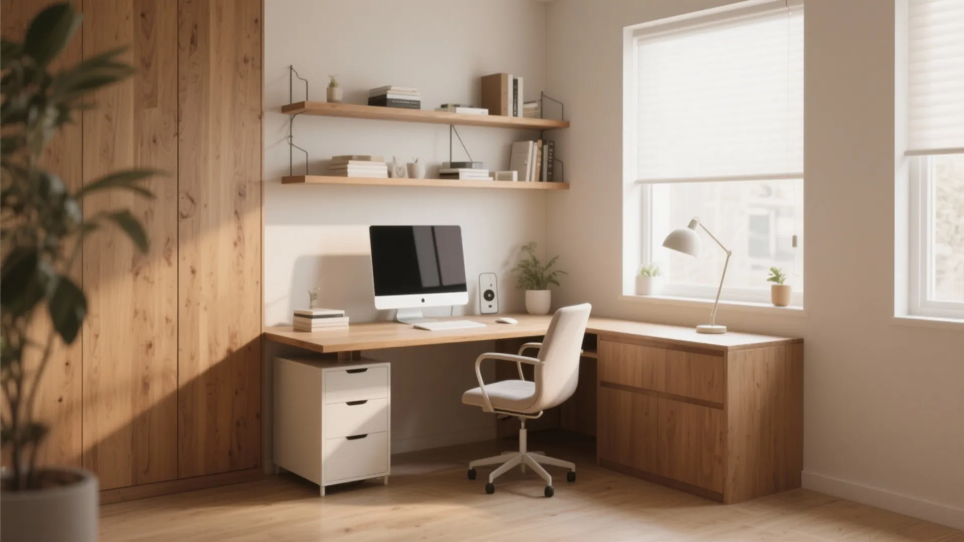 Corner home office setup with floating shelves and L-shaped desk