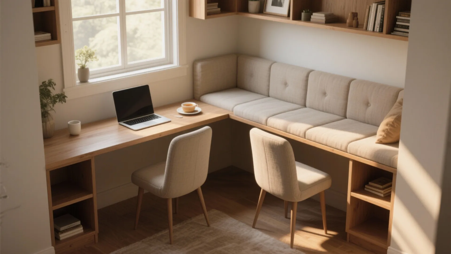 3. Corner wall desk that extends into seating