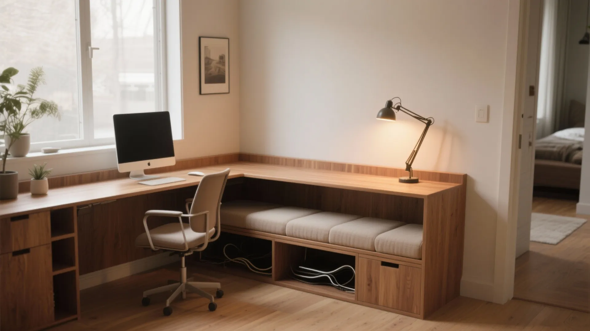 Modern corner desk with computer monitor chair desk lamp and built in wooden bench cushions
