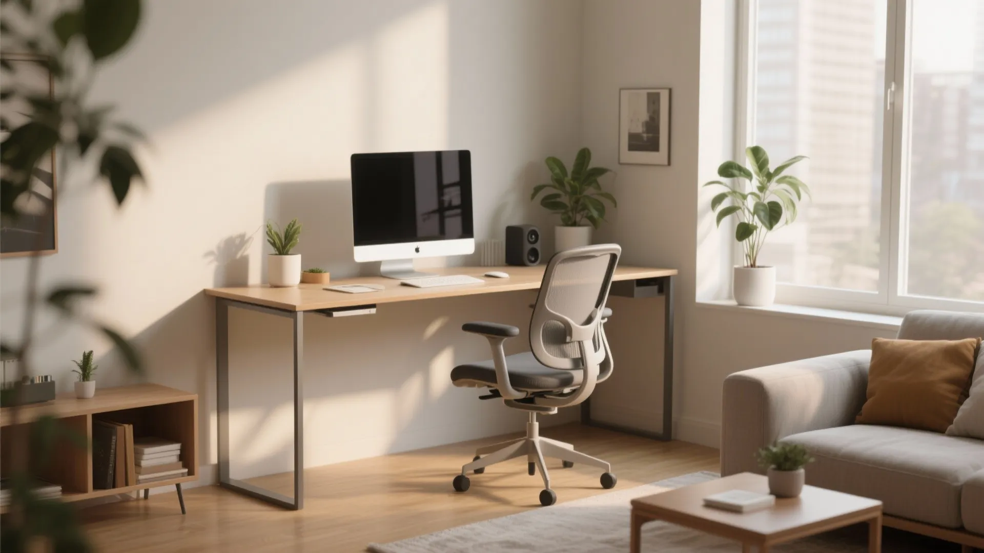 Modern home office with wooden desk ergonomic chair computer potted plants and natural window light
