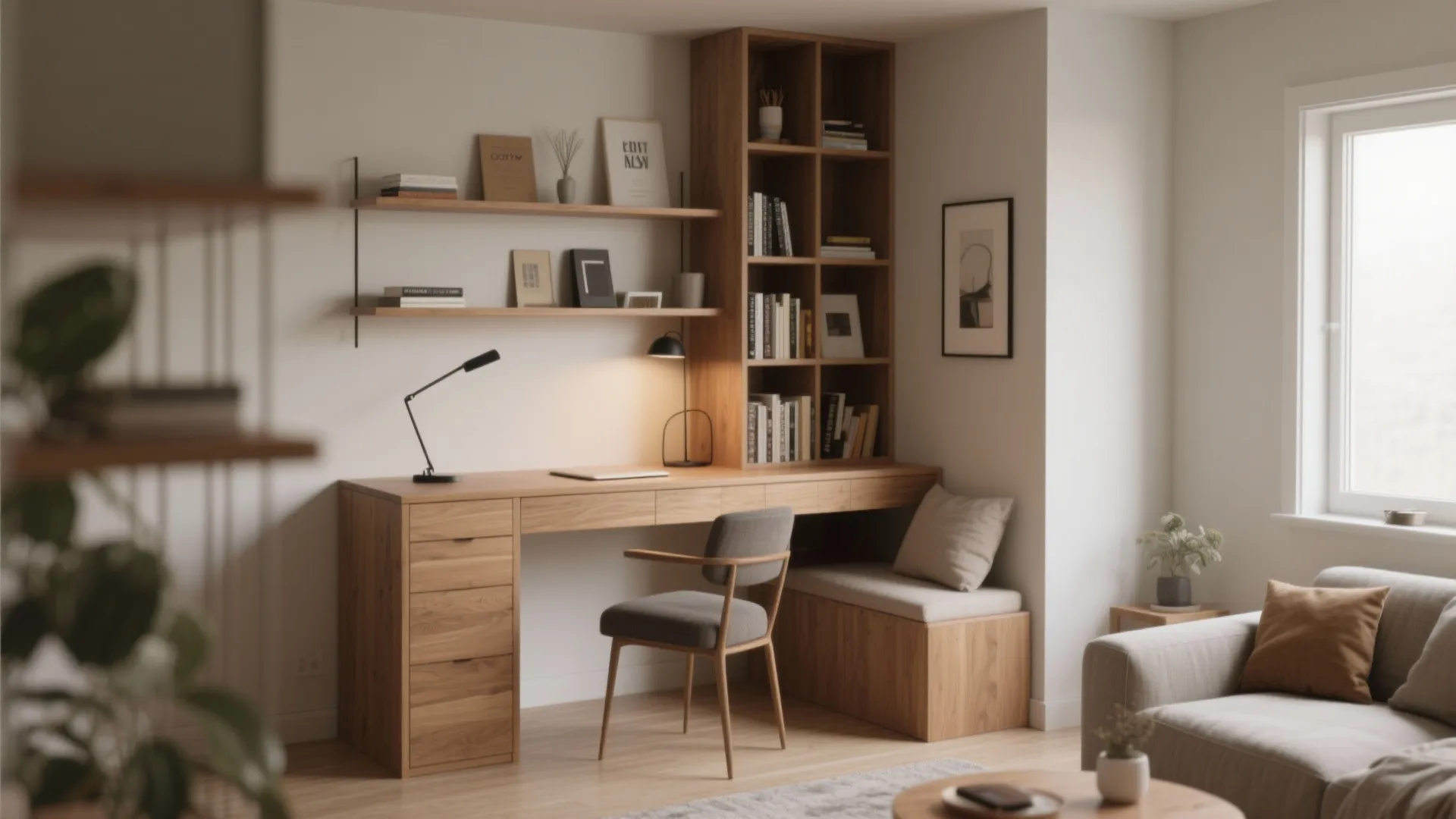 Corner desk with vertical shelving in modern living room