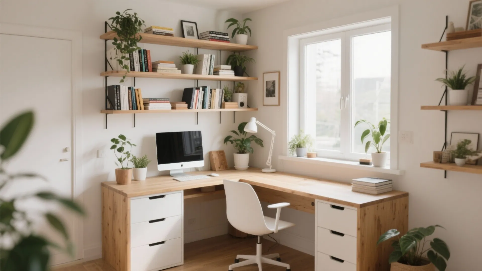 4. Corner Desk with L-shape Shelving