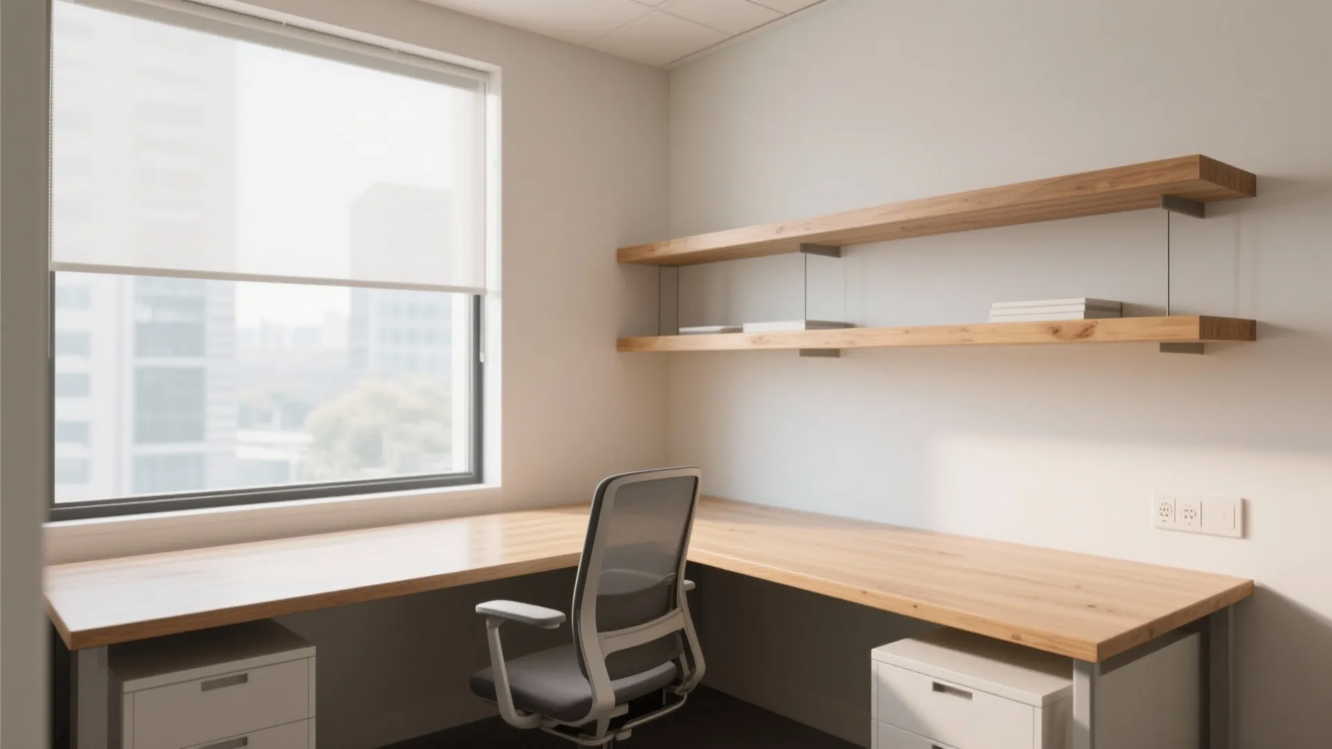 1. Corner Desks with Floating Shelves