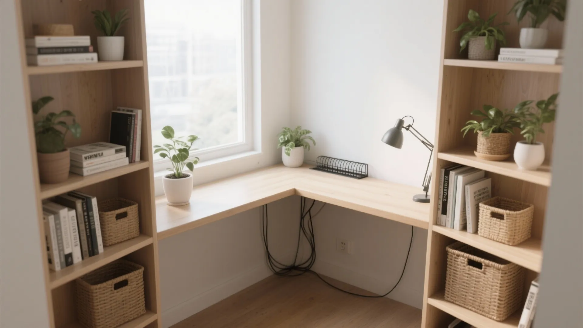 Wooden corner desk with built in shelving units featuring books small plants and woven baskets