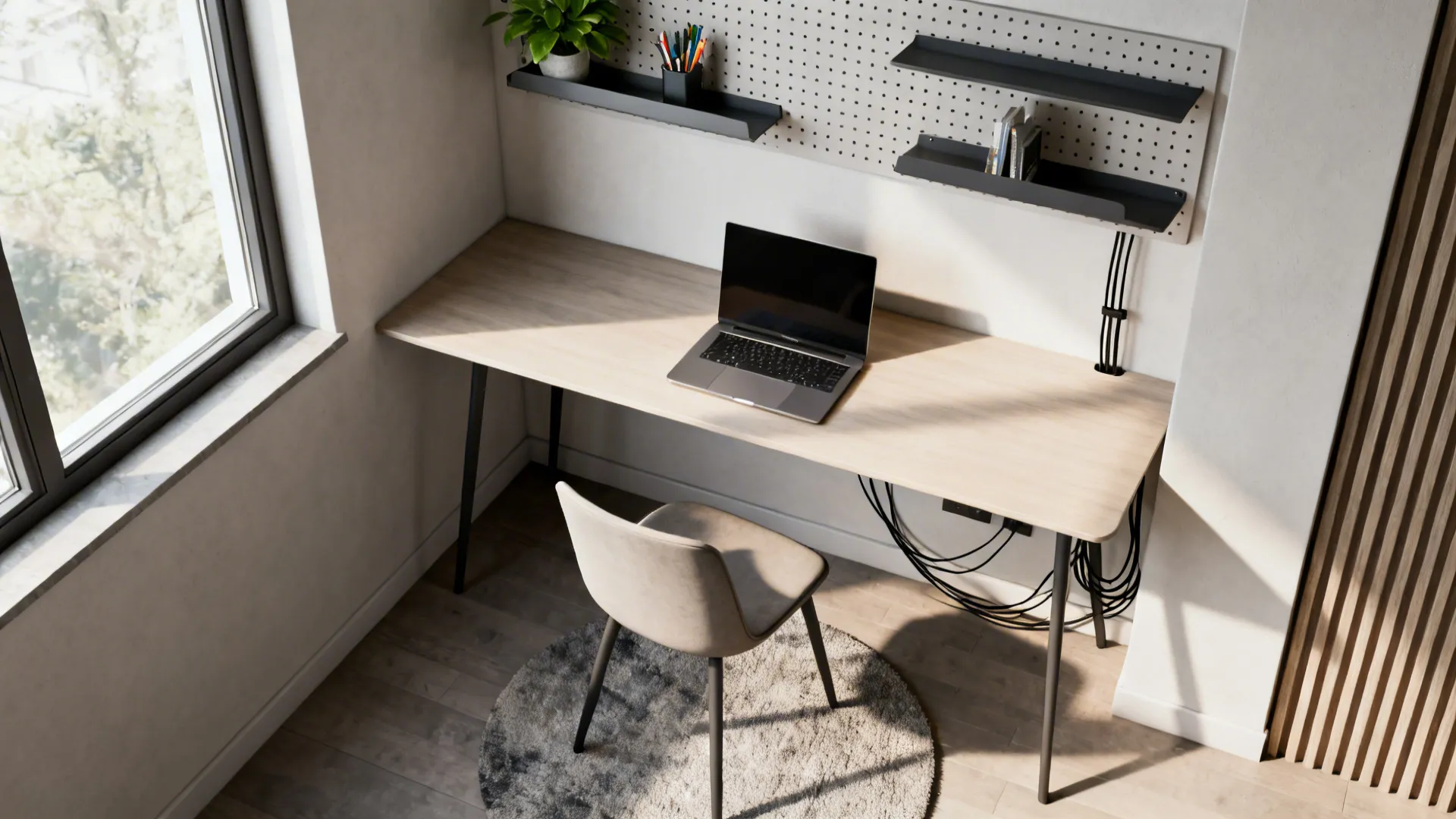Minimalist workspace with wooden desk, laptop, chair, round rug, and pegboard organizer in bright room