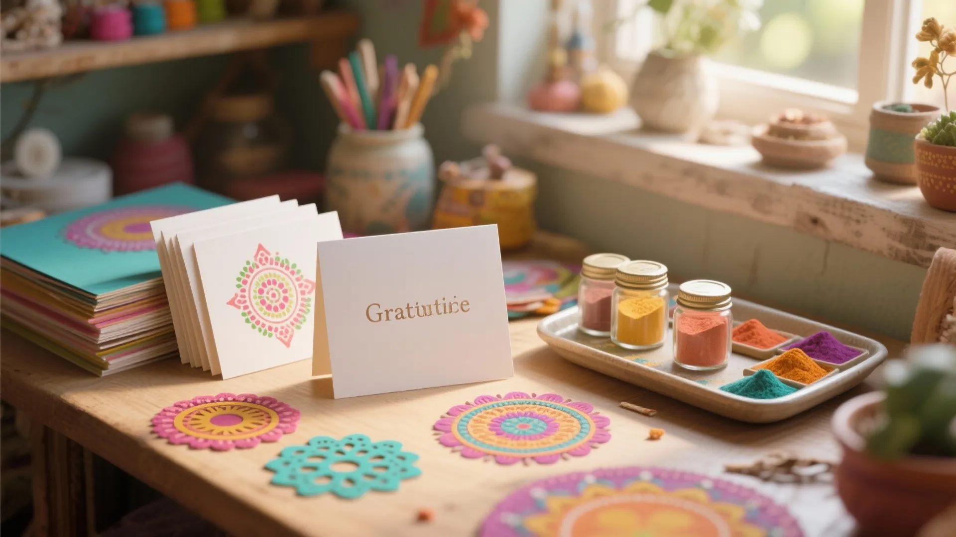 Craft desk with colorful greeting cards glass jars of bright powder and wooden pencil holder