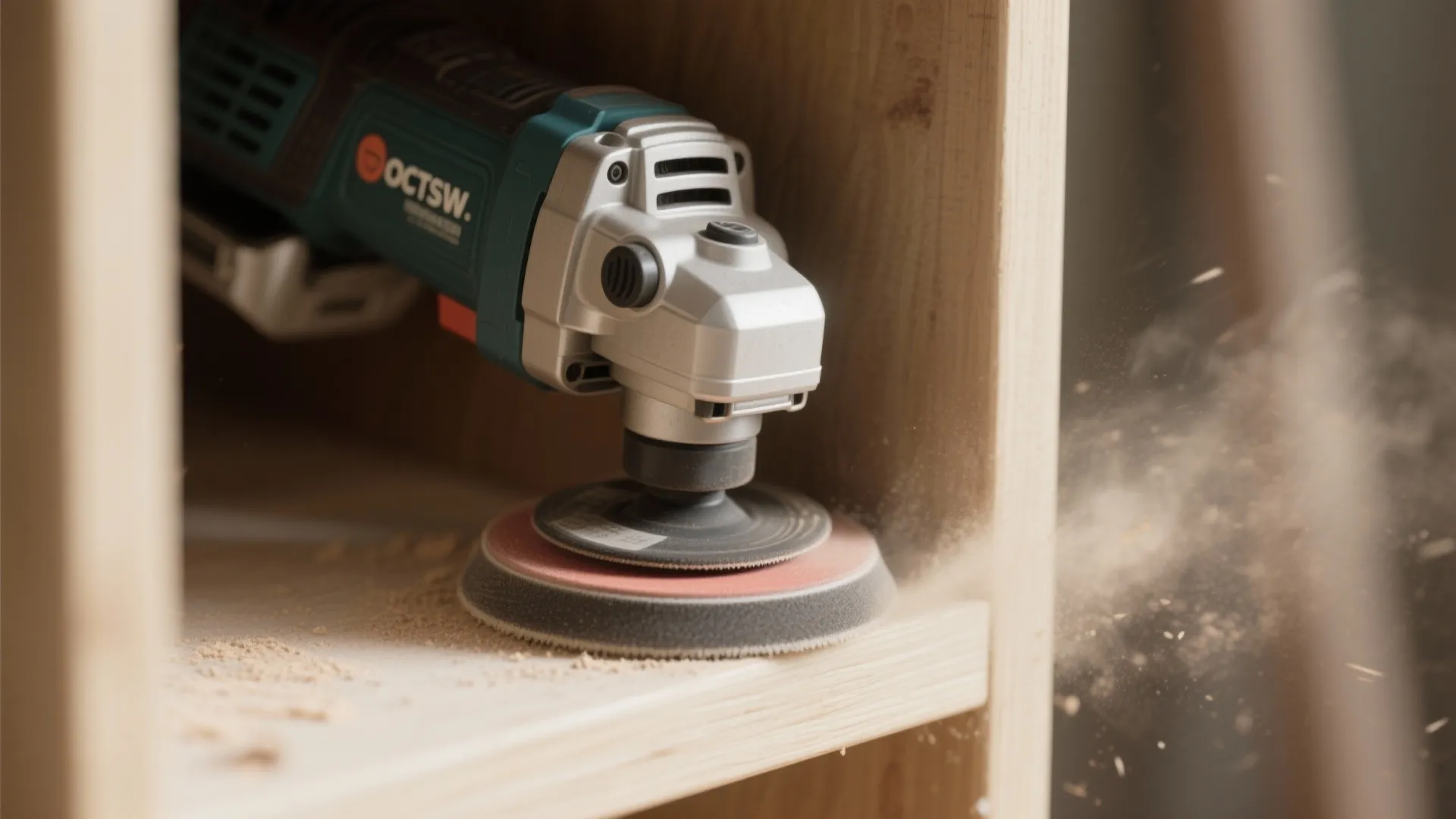 Electric power tool sanding the inner corner of a light wood cabinet with visible sawdust