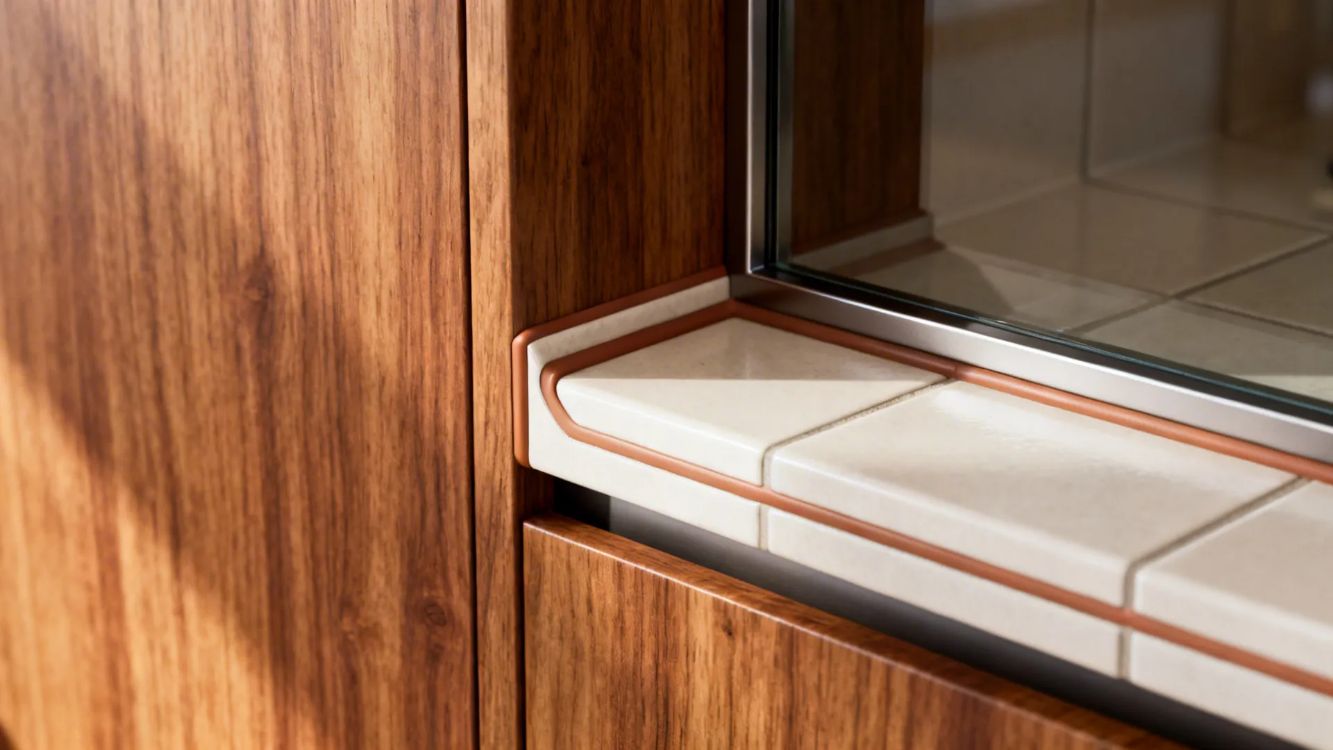 Macro of veneered corner with mitred tile, color-matched silicone, and glass junction.