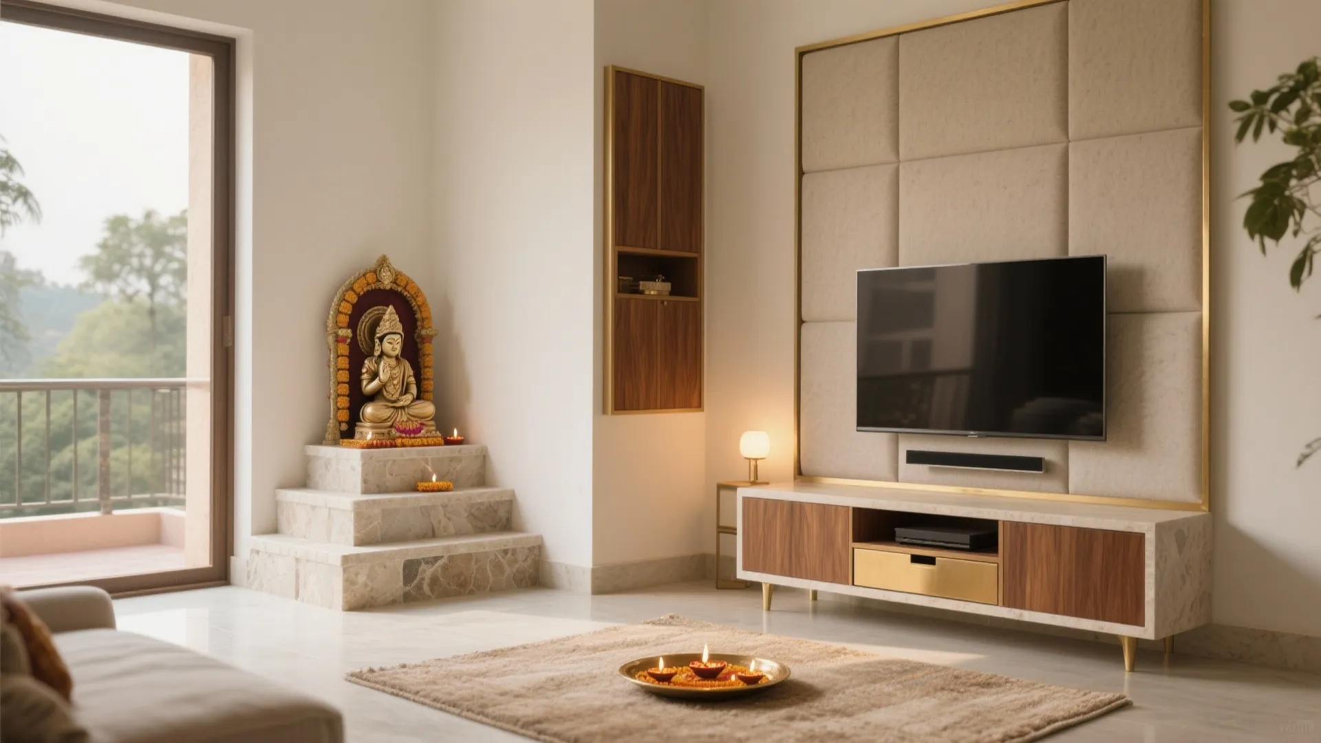 Living room corner with television wall panel wooden cabinet and stone steps for religious statues