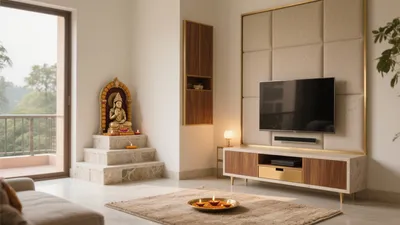 Serene Living Room with Spiritual Corner and Modern Finishes